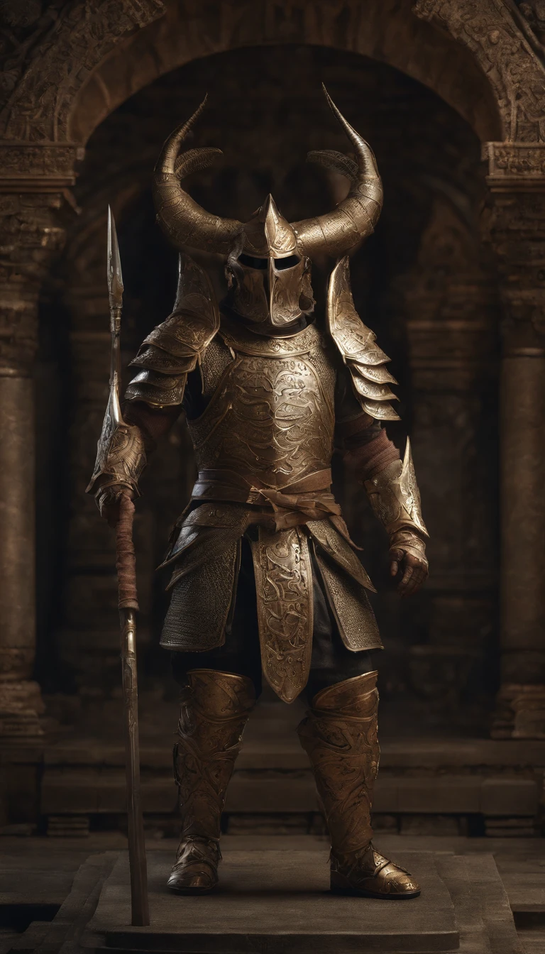 warrior, concept-art, author:Kishiganku, Fantasy art, Zen temple background, clean render, a horned, Wear a set of armor, Detailed bushido form smoke, helmet of a forgotten deity, character is standing, 8k Realistic, in game render, detailed face background detail, Art station front page, taur, Pseudo-medieval fantasy, A deity wearing koi armor, detailed bronze armor, Bronze armor, golden etched armor, gold obsidian armor, Light gold armor, Gorgeous filigree armor, A demonic warrior, Gorgeous armor full of thorns, Intricate assasin armor, Intricate metal armor, powerful warrior, Dressed in gorgeous golden armor,Decorated with intricate patterns, The helmet has a large crown and two horns, Everything is in the dark, The smoky background alludes to battle scenes, Add an ominous aura to his character,Huge demon wings of demons,submission, Full body shot.