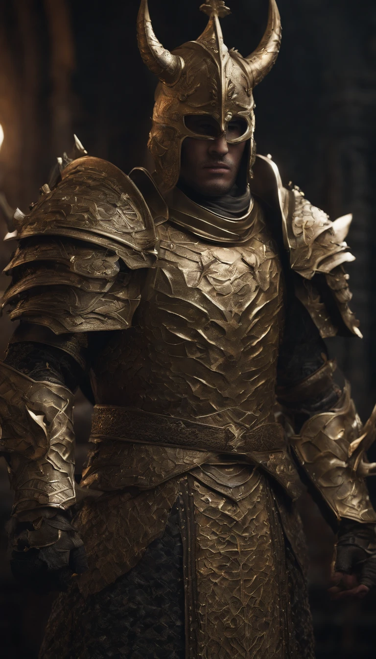 warrior, concept-art, author:Kishiganku, Fantasy art, Zen temple background, clean render, a horned, Wear a set of armor, Detailed bushido form smoke, helmet of a forgotten deity, character is standing, 8k Realistic, in game render, detailed face background detail, Art station front page, taur, Pseudo-medieval fantasy, A deity wearing koi armor, detailed bronze armor, Bronze armor, golden etched armor, gold obsidian armor, Light gold armor, Gorgeous filigree armor, A demonic warrior, Gorgeous armor full of thorns, Intricate assasin armor, Intricate metal armor, powerful warrior, Dressed in gorgeous golden armor,Decorated with intricate patterns, The helmet has a large crown and two horns, Everything is in the dark, The smoky background alludes to battle scenes, Add an ominous aura to his character,Huge demon wings of demons,submission, Full body shot.