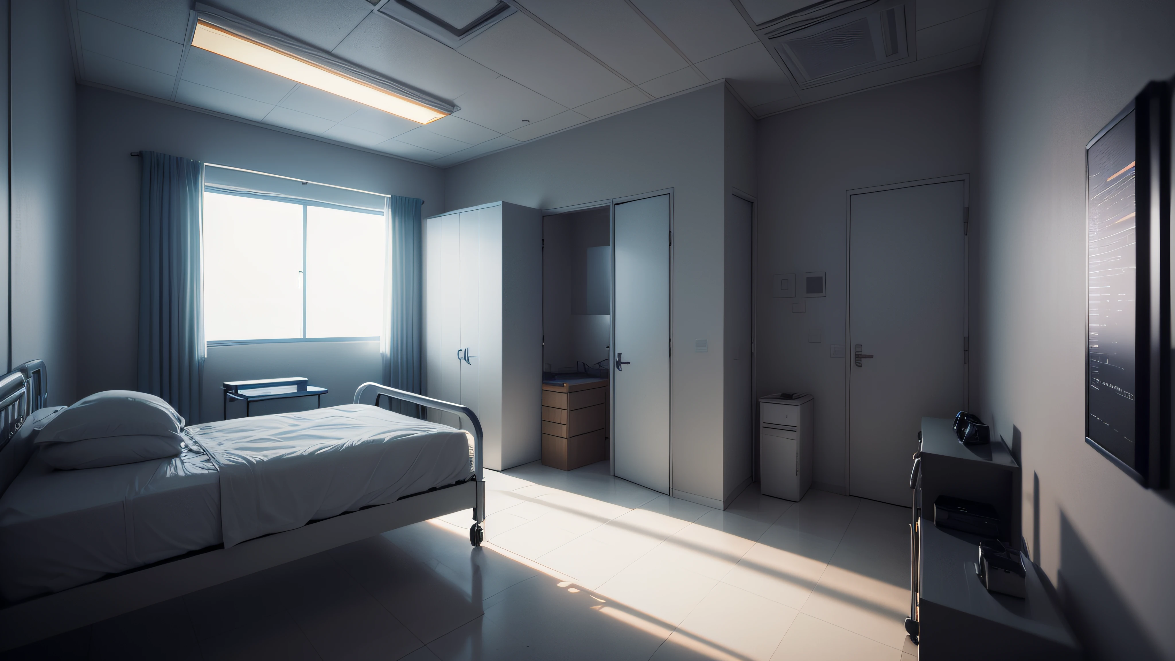 extremely detailed, best quality, internal area of a hospital, Dark, 8k, realistic, Night, dark environment, patient's room, inside the patient's room