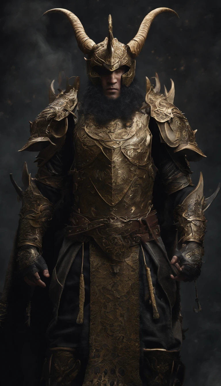 warrior, concept-art, author:Kishiganku, Fantasy art, Zen temple background, clean render, a horned, Wear a set of armor, Detailed bushido form smoke, helmet of a forgotten deity, character is standing, 8k Realistic, in game render, detailed face background detail, Art station front page, taur, Pseudo-medieval fantasy, A deity wearing koi armor, detailed bronze armor, Bronze armor, golden etched armor, gold obsidian armor, Light gold armor, Gorgeous filigree armor, A demonic warrior, Gorgeous armor full of thorns, Intricate assasin armor, Intricate metal armor, powerful warrior, Dressed in gorgeous golden armor,Decorated with intricate patterns, The helmet has a large crown and two horns, Everything is in the dark, The smoky background alludes to battle scenes, Add an ominous aura to his character,Huge demon wings of demons,submission, Full body shot.