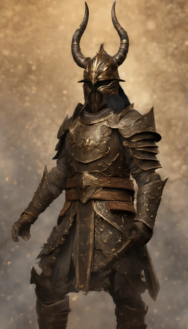 warrior, concept-art, author:Kishiganku, Fantasy art, Zen temple background, clean render, a horned, Wear a set of armor, Detailed bushido form smoke, helmet of a forgotten deity, character is standing, 8k Realistic, in game render, detailed face background detail, Art station front page, taur, Pseudo-medieval fantasy, A deity wearing koi armor, detailed bronze armor, Bronze armor, golden etched armor, gold obsidian armor, Light gold armor, Gorgeous filigree armor, A demonic warrior, Gorgeous armor full of thorns, Intricate assasin armor, Intricate metal armor, powerful warrior, Dressed in gorgeous golden armor,Decorated with intricate patterns, The helmet has a large crown and two horns, Everything is in the dark, The smoky background alludes to battle scenes, Add an ominous aura to his character,Huge demon wings of demons,submission, Full body shot.