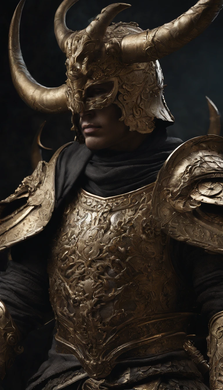warrior, concept-art, author:Kishiganku, Fantasy art, Zen temple background, clean render, a horned, Wear a set of armor, Detailed bushido form smoke, helmet of a forgotten deity, character is standing, 8k Realistic, in game render, detailed face background detail, Art station front page, taur, Pseudo-medieval fantasy, A deity wearing koi armor, detailed bronze armor, Bronze armor, golden etched armor, gold obsidian armor, Light gold armor, Gorgeous filigree armor, A demonic warrior, Gorgeous armor full of thorns, Intricate assasin armor, Intricate metal armor, powerful warrior, Dressed in gorgeous golden armor,Decorated with intricate patterns, The helmet has a large crown and two horns, Everything is in the dark, The smoky background alludes to battle scenes, Add an ominous aura to his character,Huge demon wings of demons,??????????, Full body shot.
