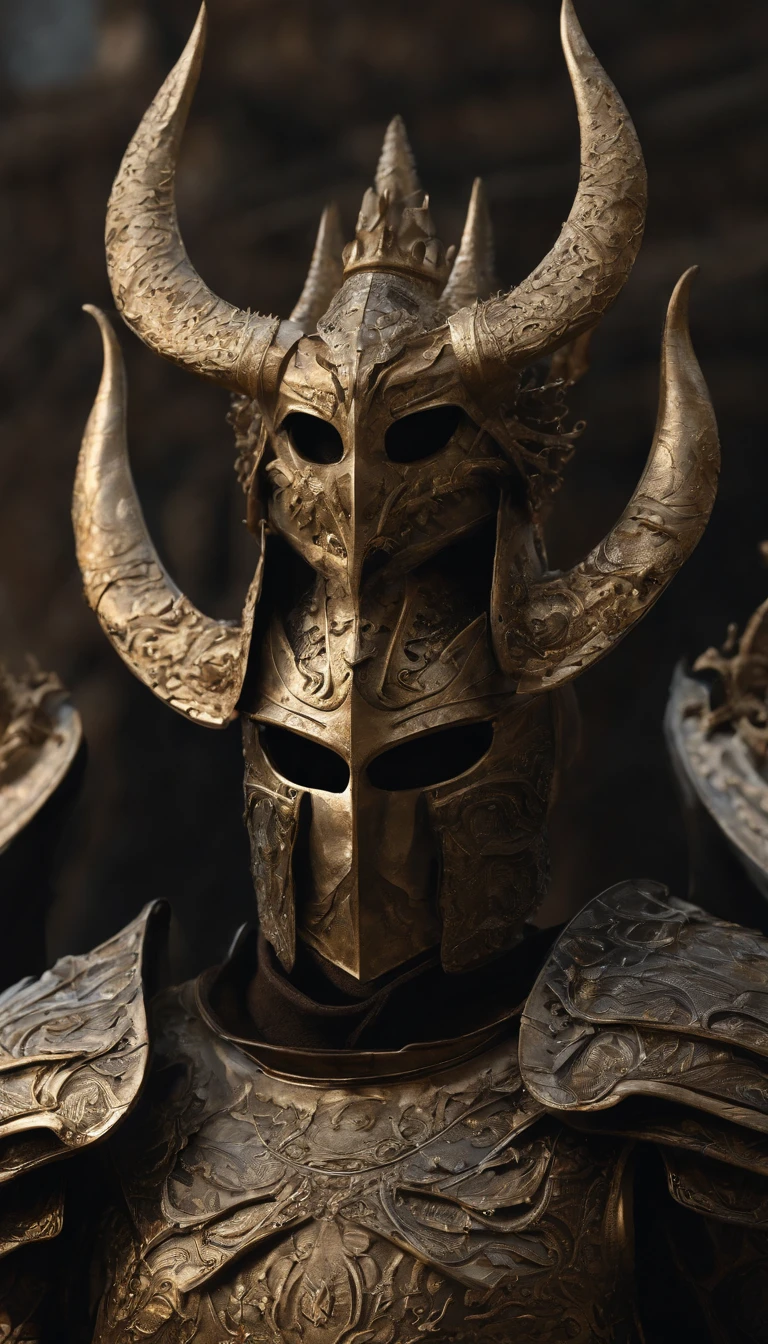 warrior, concept-art, author：Kishiganku, Fantasy art, Zen temple background, clean render, a horned, Wear a set of armor, Detailed bushido form smoke, helmet of a forgotten deity, character is standing, 8k Realistic, in game render, detailed face background detail, Art station front page, taur, Pseudo-medieval fantasy, A deity wearing koi armor, detailed bronze armor, Bronze armor, golden etched armor, gold obsidian armor, Light gold armor, Gorgeous filigree armor, A demonic warrior, Gorgeous armor full of thorns, Intricate assasin armor, Intricate metal armor, powerful warrior, Dressed in gorgeous golden armor，Decorated with intricate patterns, The helmet has a large crown and two horns, Everything is in the dark, The smoky background alludes to battle scenes, Add an ominous aura to his character，Huge demon wings of demons，submission, Full body shot.