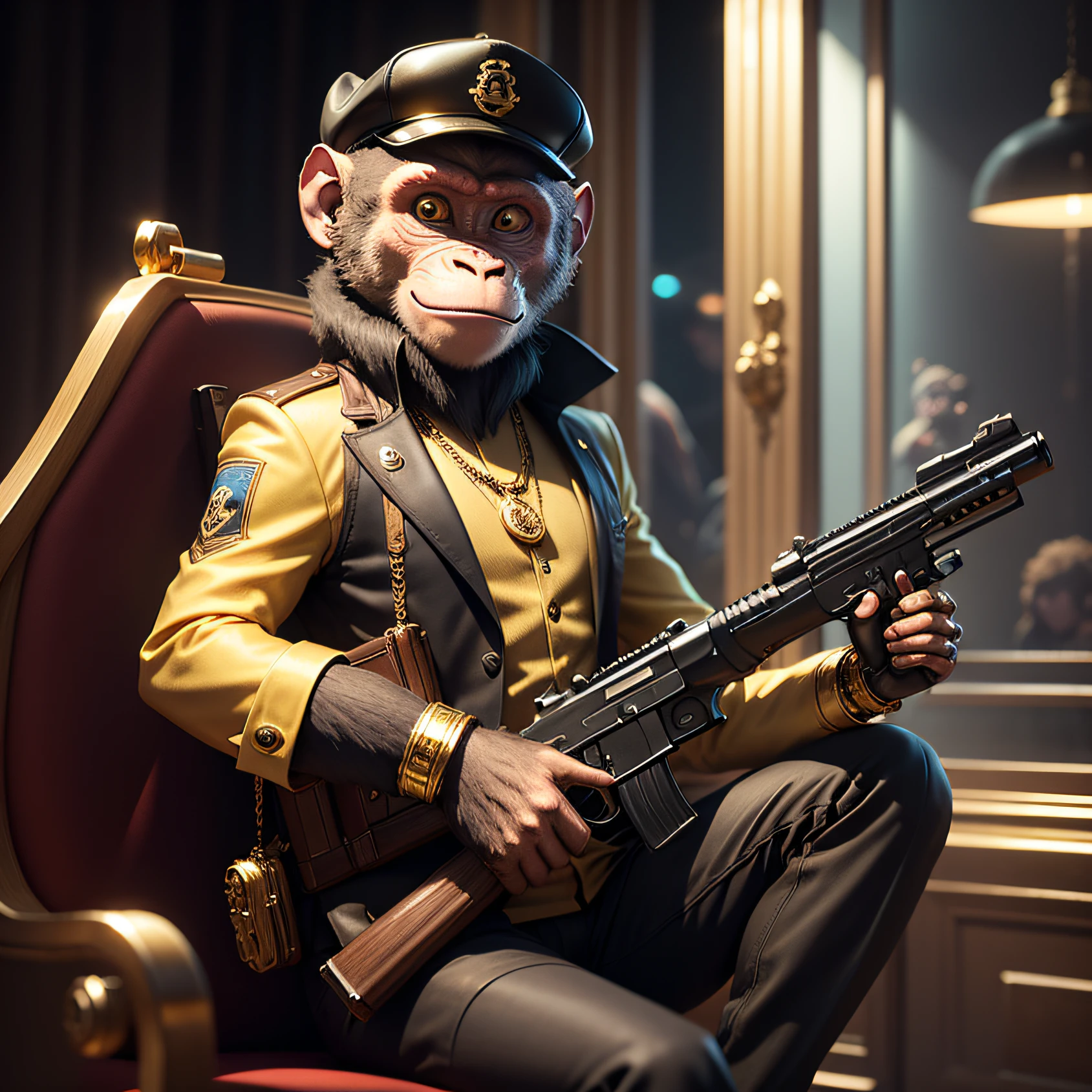 monkey, 3d, gun, glass, smile, gold, luxury