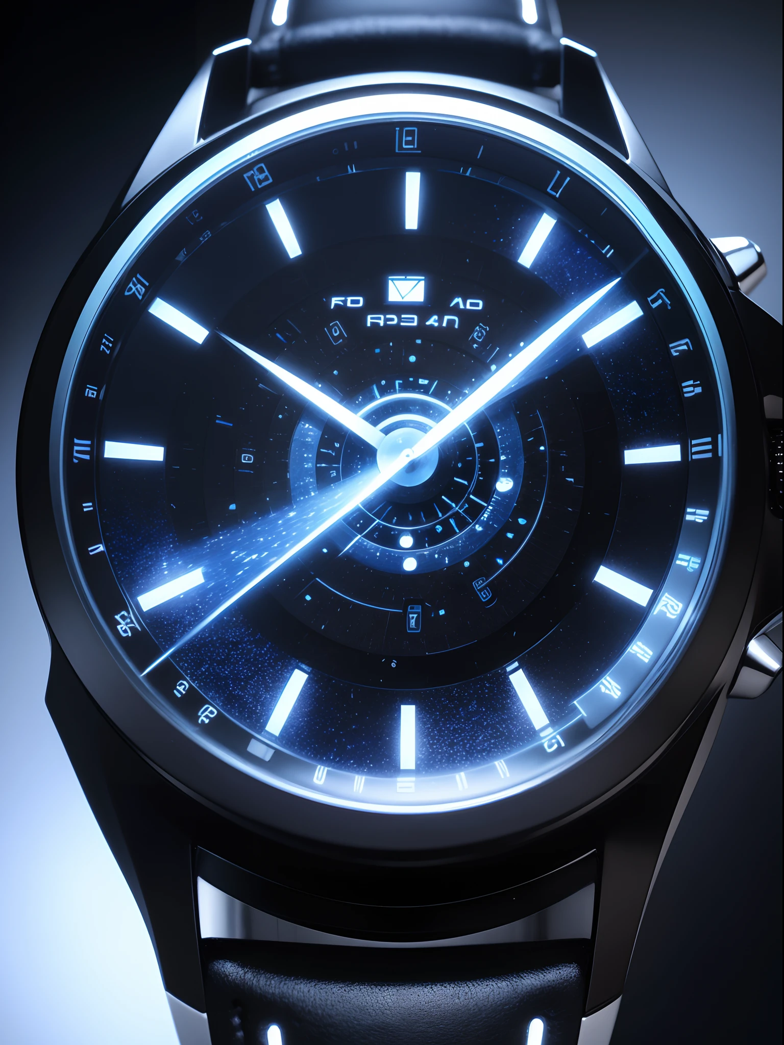 A futuristic wristwatch with hologram dials that shows the ever-evolving universe --auto