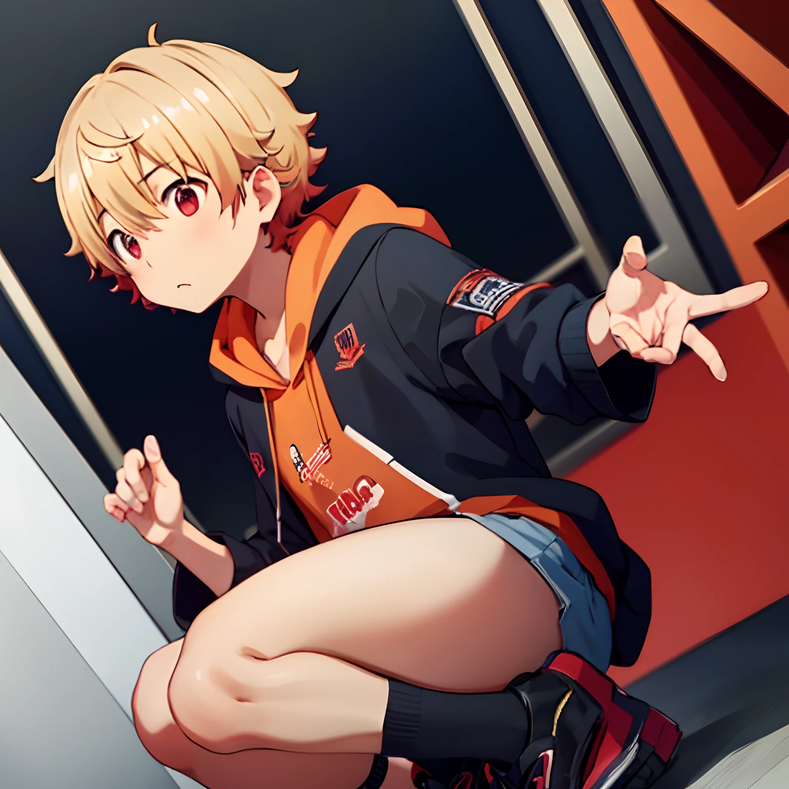 1boy, solo, Uchimaki_Subaru,red eyes, blondehair,black hoodie,