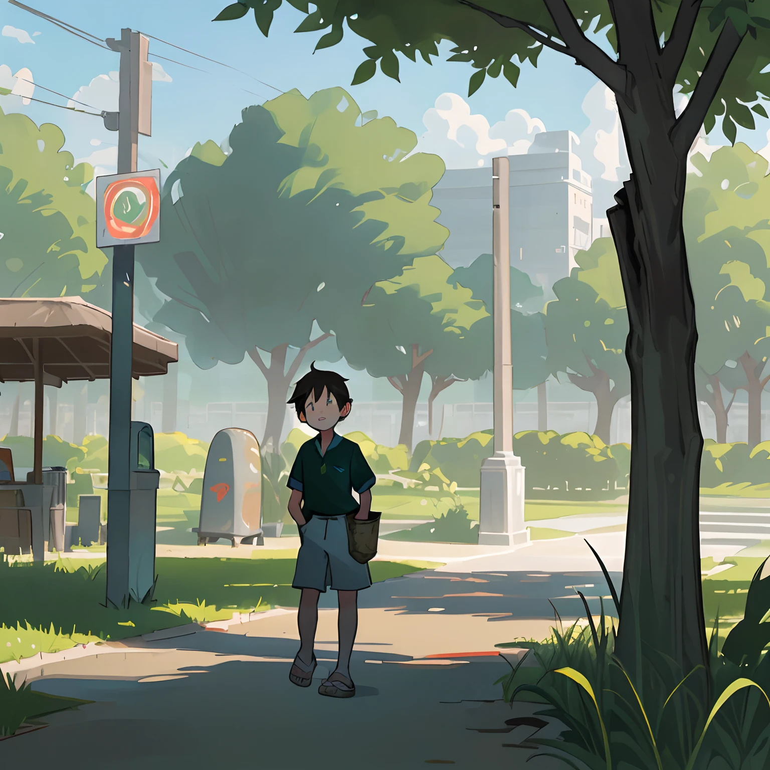 A 12-year-old rural boy in straw sandals and short-sleeved shorts, a prize-winning photo, (masterpiece:1.2), cinematic composition, park, trees, flowers, bushes, vending machine, trash can, railing, scattered pavement, summer landscape painting, green mountains and rivers, lush green grassy lawn, ornamental fountain, daylight lighting.