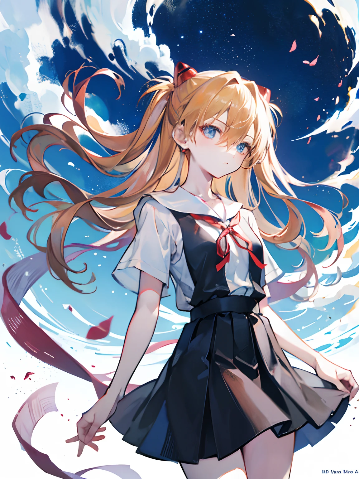 Asuka Langley Soryu，Blue eyes，hair between eyes，headware，Interface headset，Orange hair，Red ribbon、Ribbons、shcool uniform、skirts、Slip dress、Slip dress、Tokyo No. 3 Junior High School uniform、album artwork，Storytelling images