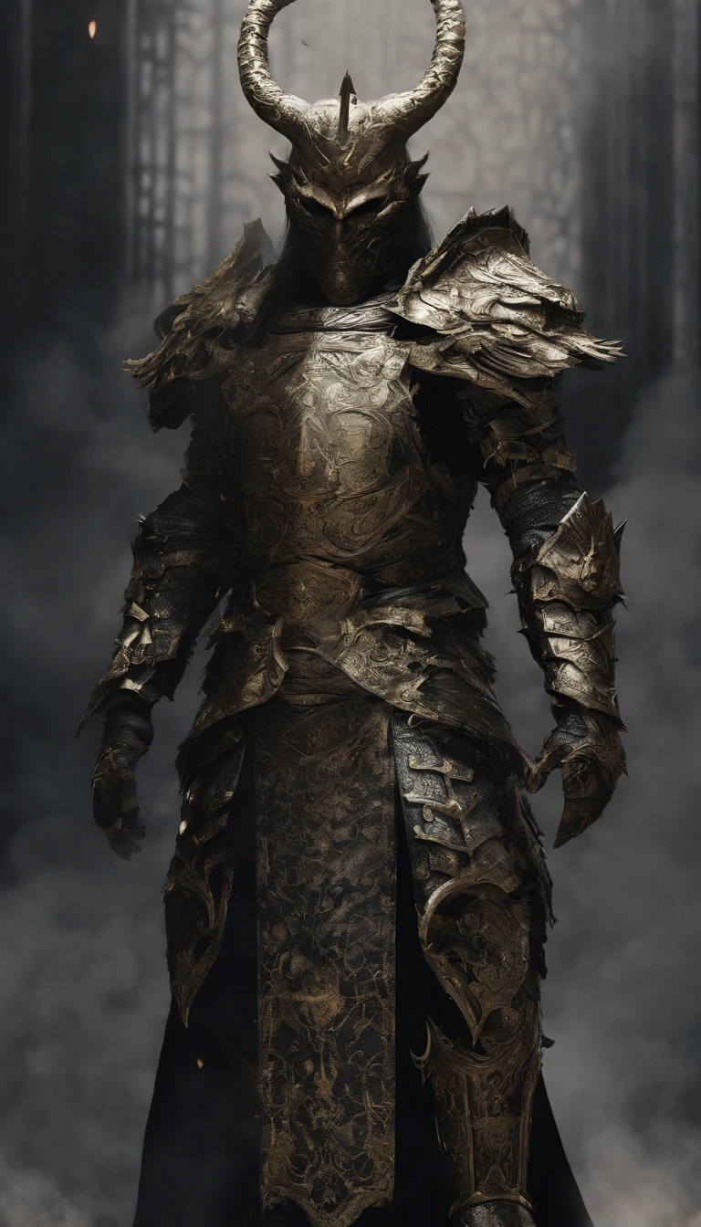 warrior, concept-art, author:Kishiganku, Fantasy art, Zen temple background, clean render, a horned, Wear a set of armor, Detailed bushido form smoke, helmet of a forgotten deity, character is standing, 8k Realistic, in game render, detailed face background detail, Art station front page, taur, Pseudo-medieval fantasy, A deity wearing koi armor, detailed bronze armor, Bronze armor, golden etched armor, gold obsidian armor, Light gold armor, Gorgeous filigree armor, A demonic warrior, Gorgeous armor full of thorns, Intricate assasin armor, Intricate metal armor, powerful warrior, Dressed in gorgeous golden armor,Decorated with intricate patterns, The helmet has a large crown and two horns, Everything is in the dark, The smoky background alludes to battle scenes, Add an ominous aura to his character,Huge demon wings of demons,submission, Full body shot.