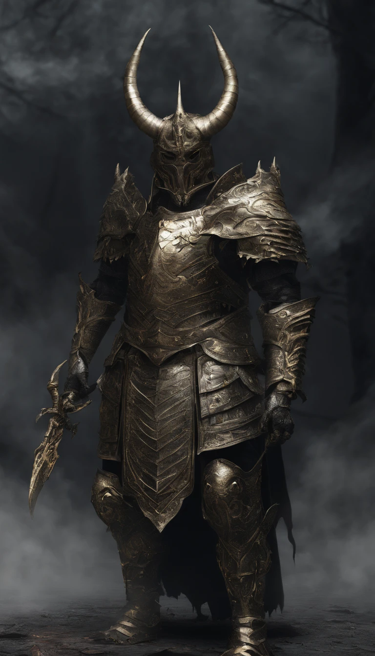 warrior, concept-art, author：Kishiganku, Fantasy art, Zen temple background, clean render, a horned, Wear a set of armor, Detailed bushido form smoke, helmet of a forgotten deity, character is standing, 8k Realistic, in game render, detailed face background detail, Art station front page, taur, Pseudo-medieval fantasy, A deity wearing koi armor, detailed bronze armor, Bronze armor, golden etched armor, gold obsidian armor, Light gold armor, Gorgeous filigree armor, A demonic warrior, Gorgeous armor full of thorns, Intricate assasin armor, Intricate metal armor, powerful warrior, Dressed in gorgeous golden armor，Decorated with intricate patterns, The helmet has a large crown and two horns, Everything is in the dark, The smoky background alludes to battle scenes, Add an ominous aura to his character，Huge demon wings of demons，submission, Full body shot.