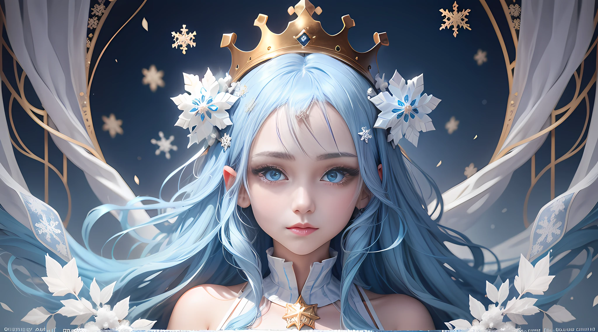Girl with golden crown with white cystals inside, blue eyes, light blue colored hair, white dress with snowflake pattern on it,