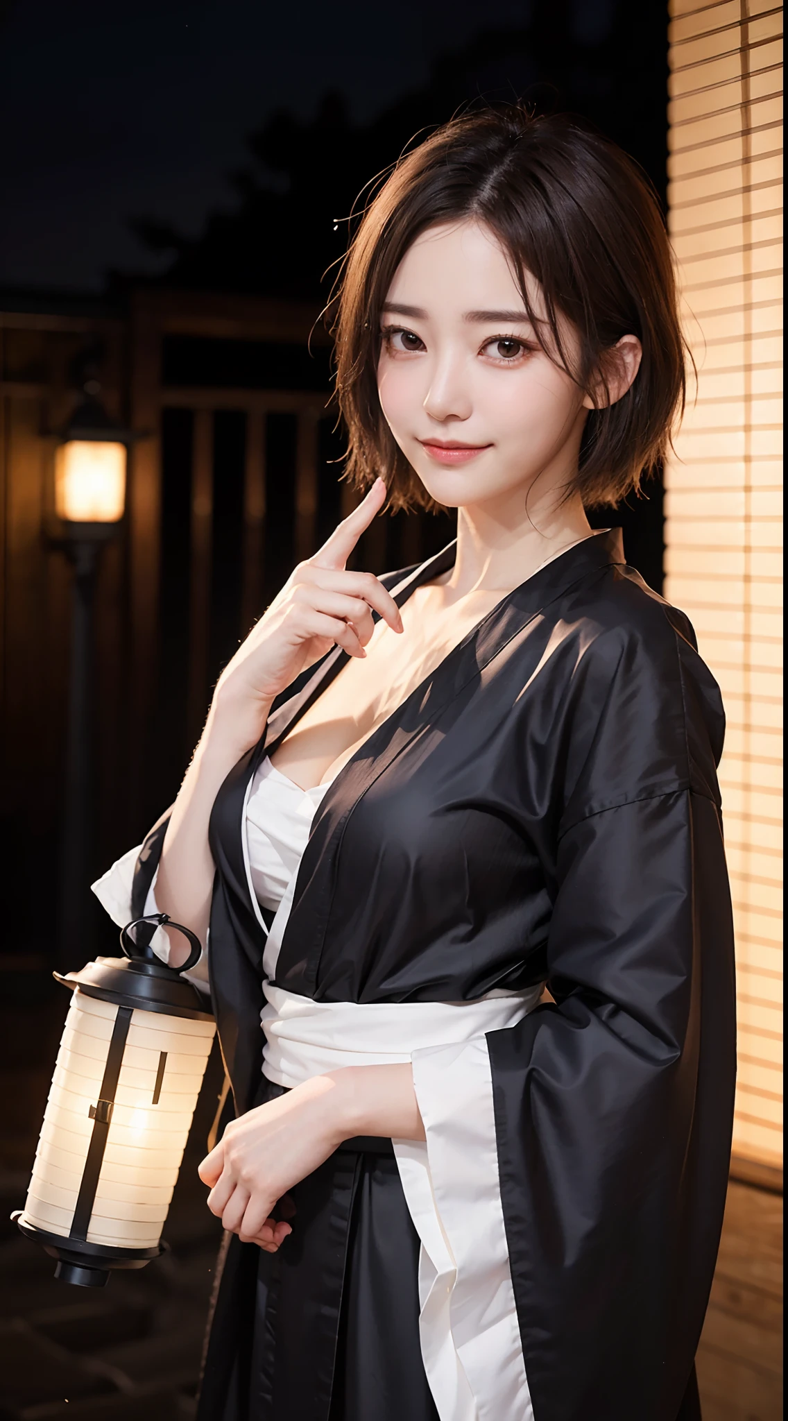 1, Realistic, raw, masutepiece, 8K Photorealistic, Brown hair, wind blown hair, Black kimono, Big Breast, Detailed finger, Detailed face, Natural Skin Texture, Standing, Night, Lantern background、A smile、short-hair、Standing like a model、Facing the front