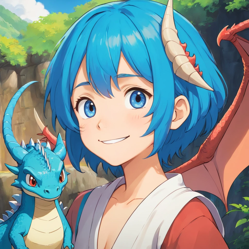 1. Dragon's horn： Draw the shape and pattern of the dragon's horn，Make it appear solid and gorgeous。
2. Blue color hair color： Draw out the texture and shine of its blue hair。
3. dark blueeyes： Depicts his bright dark blue eyes，Let the eyes reveal liveliness and curiosity。
4. Small dimples： When smiling，Notice the two small dimples depicting his face，Make him look cuter。