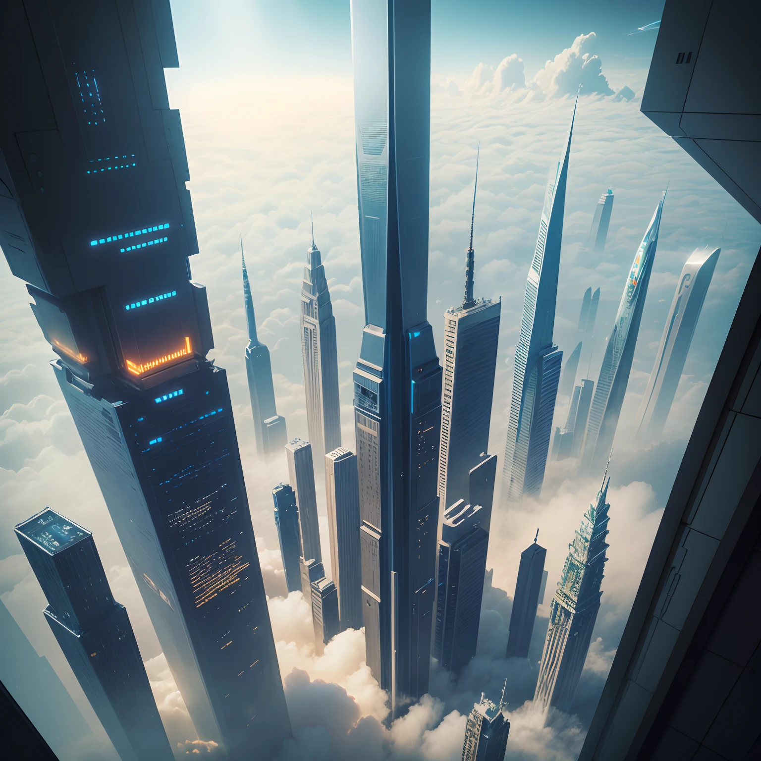 Skyscrapers up to a height that pierces through the clouds are lined up，cyberpunked，ＳＦart by，kosmos，Epcot，Glass skyscraper，StarWars，Futuristic cities，planet earth，Megacities，Far above the clouds，