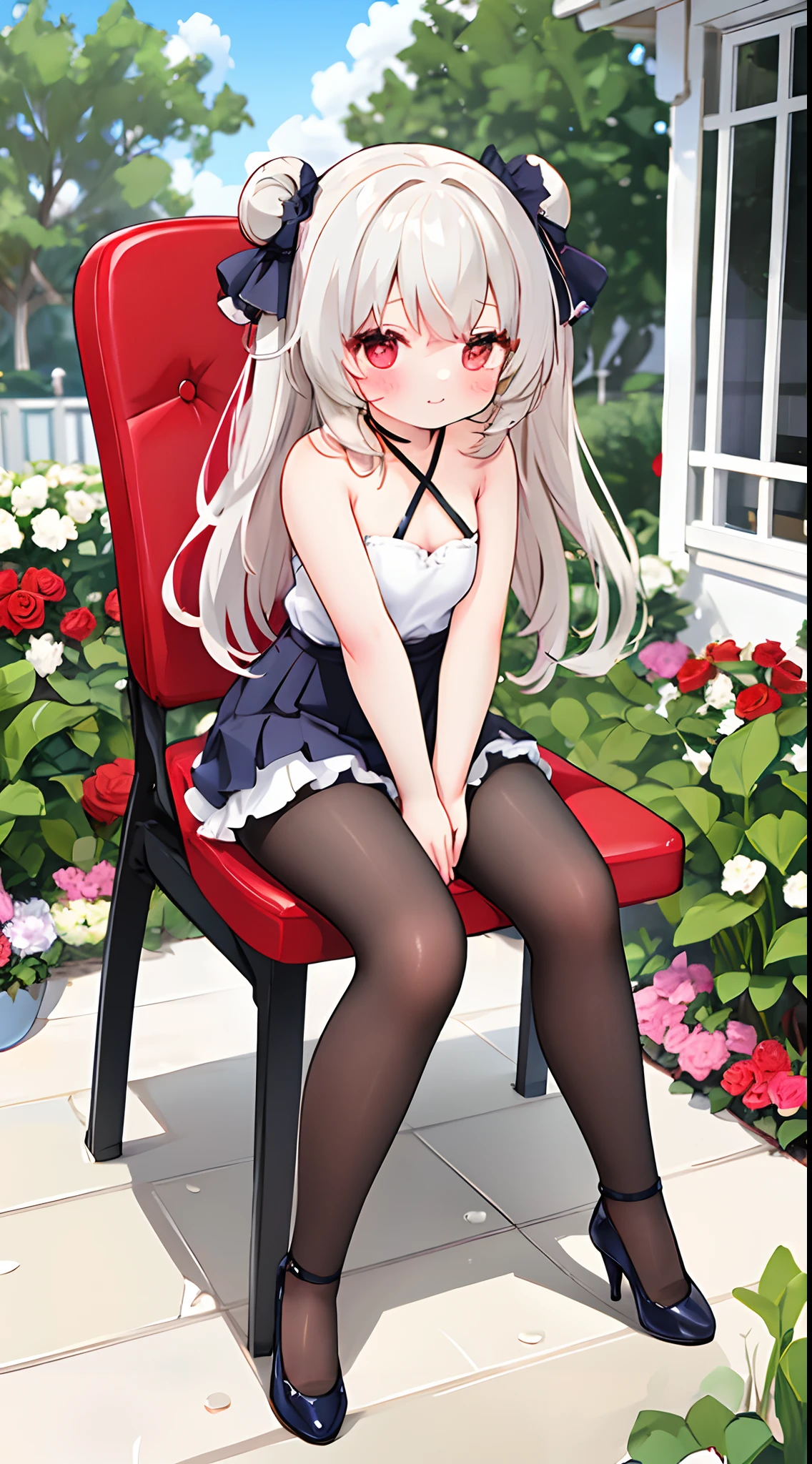 Wavy silver hair、red eyes、A pretty girl、Single yoga set，high-necked、A miniskirt、sit on chair，lacepantyhose，Black heels、Braids、Rose garden