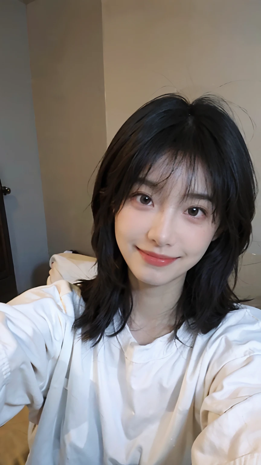 white backgrounid，Best quality,Masterpiece,超高分辨率,(Photorealistic:1.4),RAW photo,(Authentic skin texture:1.3),,(filmgrain:1.3),(Selfie angle),1girll,,Beautiful detailed eyes and face,Masterpiece,Best quality,Remote，high-necksweater，White background，Bedrooms，full bodyesbian，grin，Big eyes