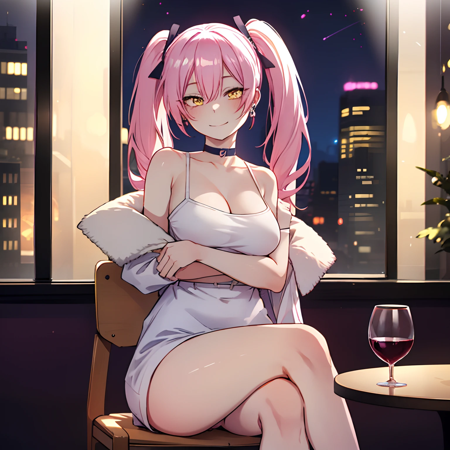 One Girl, yellow eyes, hair twintails, long hair, pinky hair, medium breast, medium ass, smile, happy, bobby pins, choker, smile, happy facial, city, night,earrings, naked, sitting on table, table, chair, holding a glass of wine, blurred background, crossed legs