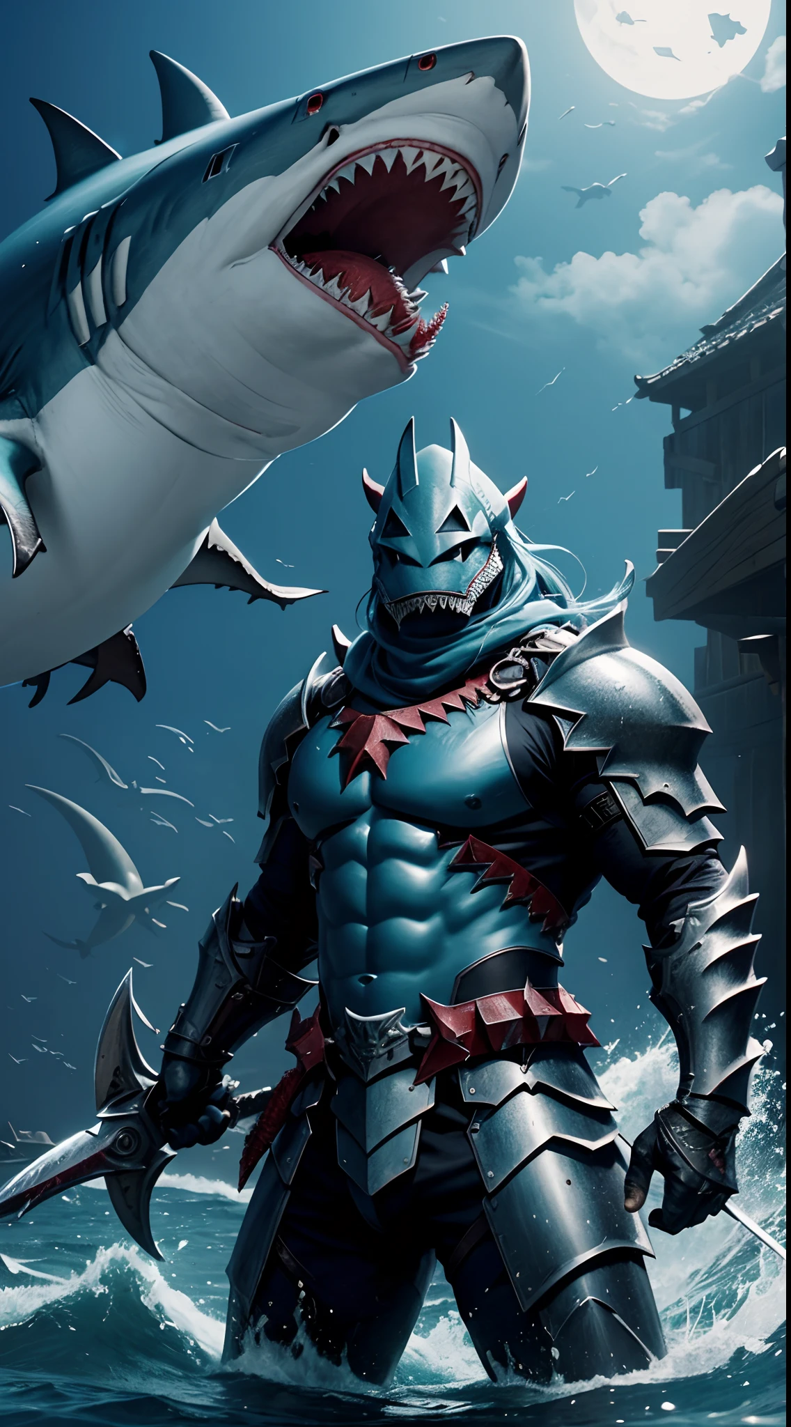 He is equipped with armor because he is a shark beastman、The weapon is a big harpoon、