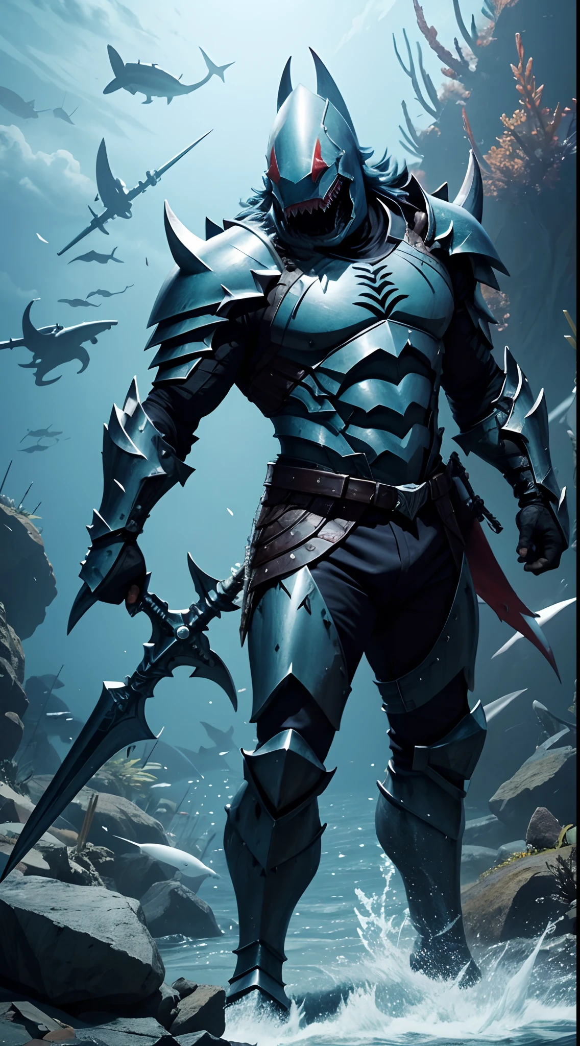 He is equipped with armor because he is a shark beastman、The weapon is a big harpoon、