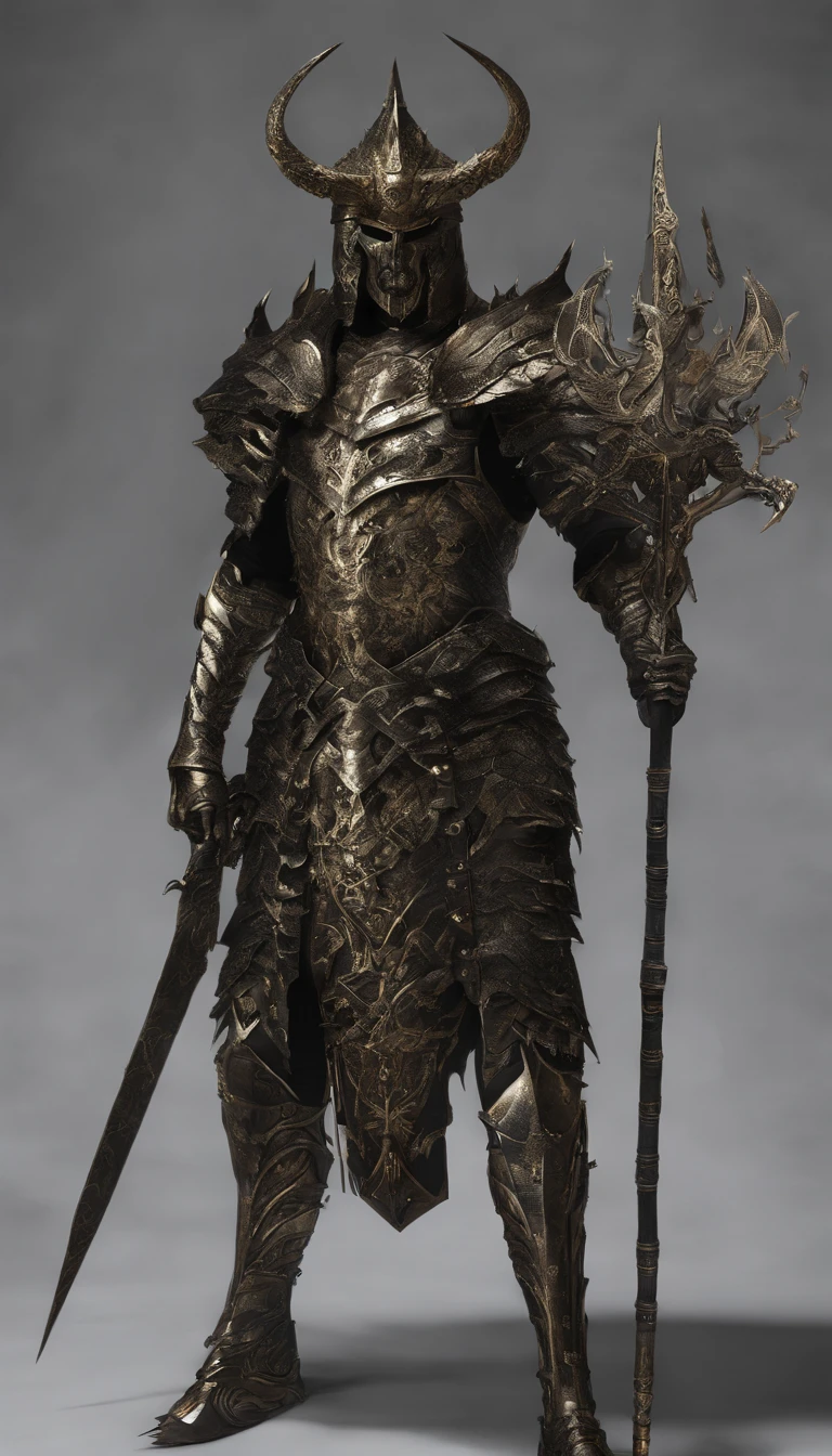 warrior, concept-art, author：Kishiganku, Fantasy art, Zen temple background, clean render, a horned, Wear a set of armor, Detailed bushido form smoke, helmet of a forgotten deity, character is standing, 8k Realistic, in game render, detailed face background detail, Art station front page, taur, Pseudo-medieval fantasy, A deity wearing koi armor, detailed bronze armor, Bronze armor, golden etched armor, gold obsidian armor, Light gold armor, Gorgeous filigree armor, A demonic warrior, Gorgeous armor full of thorns, Intricate assasin armor, Intricate metal armor, powerful warrior, Dressed in gorgeous golden armor，Decorated with intricate patterns, The helmet has a large crown and two horns, Everything is in the dark, The smoky background alludes to battle scenes, Add an ominous aura to his character，Huge demon wings of demons，submission, Full body shot.