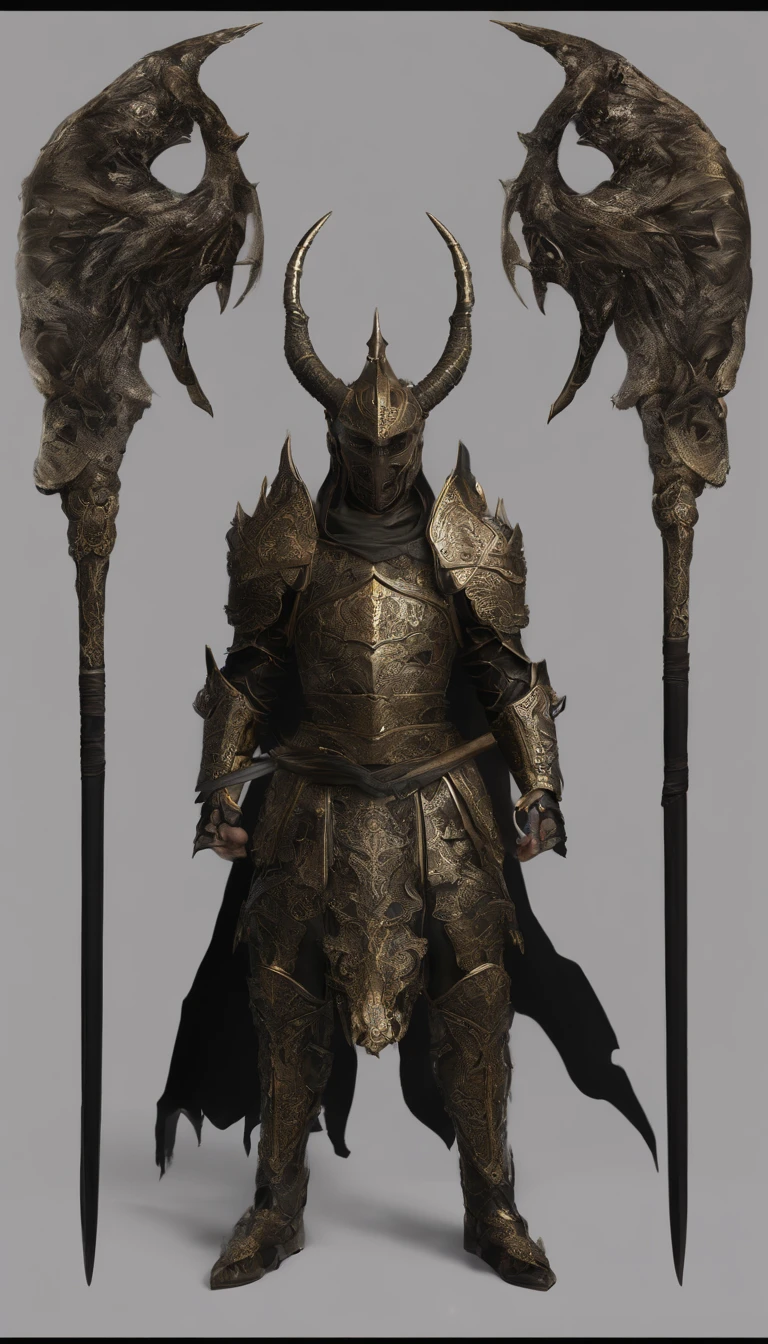 warrior, concept-art, author:Kishiganku, Fantasy art, Zen temple background, clean render, a horned, Wear a set of armor, Detailed bushido form smoke, helmet of a forgotten deity, character is standing, 8k Realistic, in game render, detailed face background detail, Art station front page, taur, Pseudo-medieval fantasy, A deity wearing koi armor, detailed bronze armor, Bronze armor, golden etched armor, gold obsidian armor, Light gold armor, Gorgeous filigree armor, A demonic warrior, Gorgeous armor full of thorns, Intricate assasin armor, Intricate metal armor, powerful warrior, Dressed in gorgeous golden armor,Decorated with intricate patterns, The helmet has a large crown and two horns, Everything is in the dark, The smoky background alludes to battle scenes, Add an ominous aura to his character,Huge demon wings of demons,submission, Full body shot.