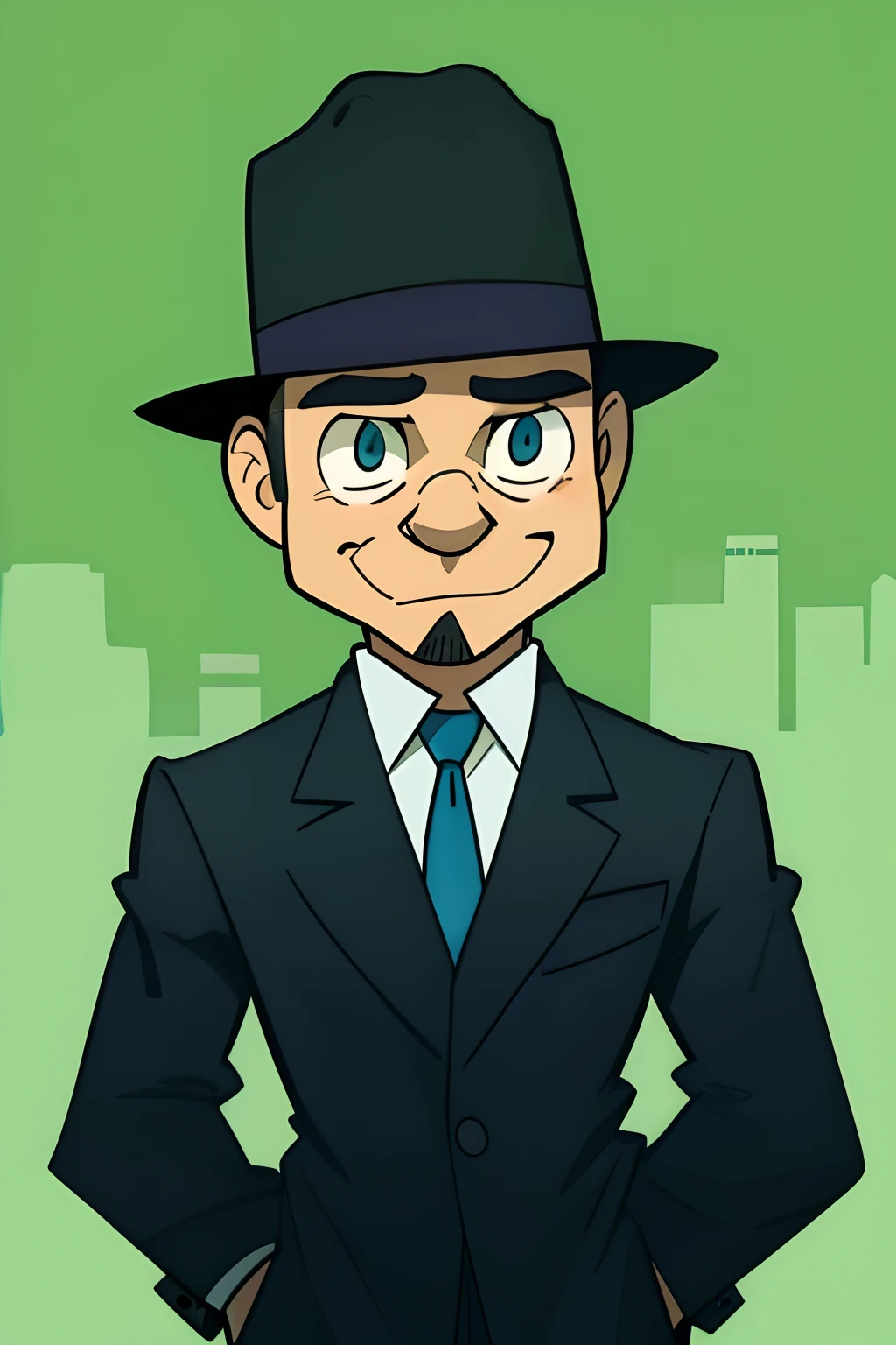 Illustration of a male pulp detective, looking into camera, caricature, sharp faced, private_investigator:1.2, wearing a fedora, line art drawing, 1960s cartoon, noir city background, UPA style cartoon:1.8, minimalist, abstract, pastels:1.6