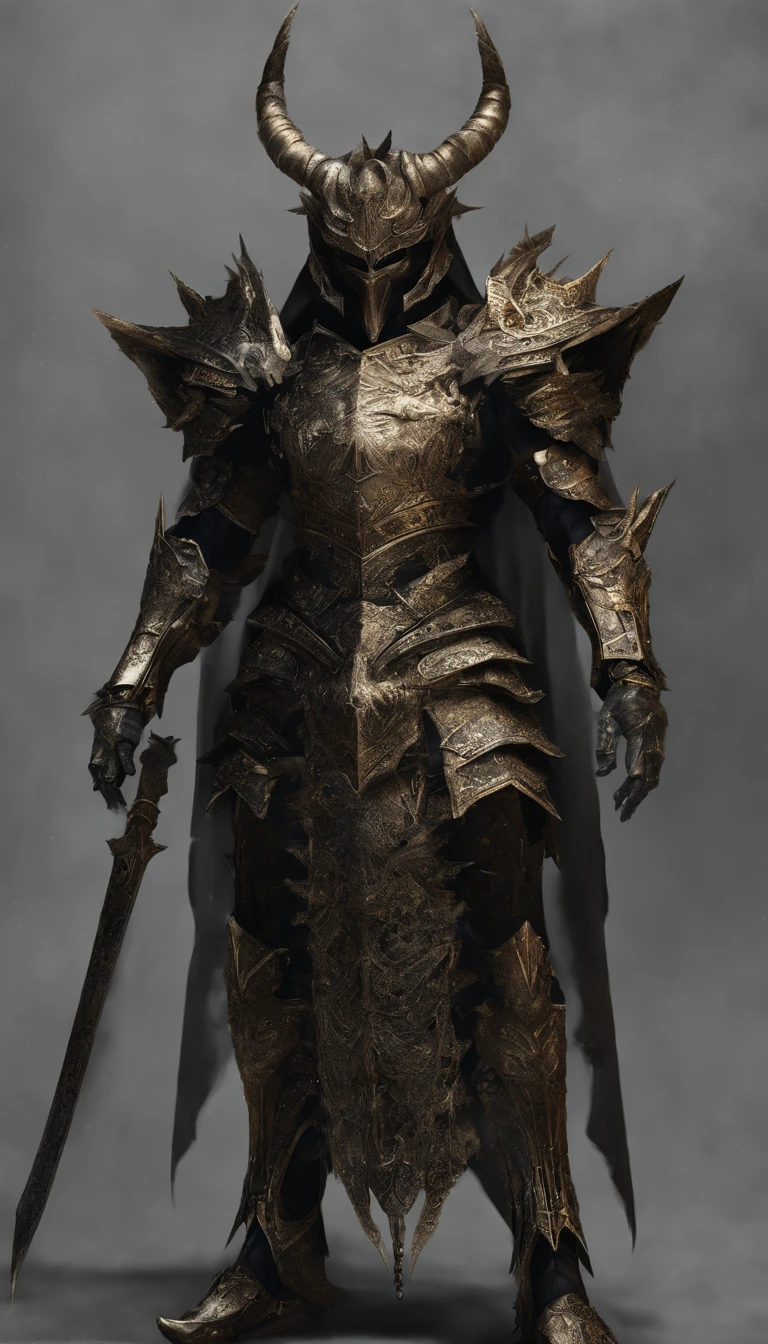 warrior, concept-art, author:Kishiganku, Fantasy art, Zen temple background, clean render, a horned, Wear a set of armor, Detailed bushido form smoke, helmet of a forgotten deity, character is standing, 8k Realistic, in game render, detailed face background detail, Art station front page, taur, Pseudo-medieval fantasy, A deity wearing koi armor, detailed bronze armor, Bronze armor, golden etched armor, gold obsidian armor, Light gold armor, Gorgeous filigree armor, A demonic warrior, Gorgeous armor full of thorns, Intricate assasin armor, Intricate metal armor, powerful warrior, Dressed in gorgeous golden armor,Decorated with intricate patterns, The helmet has a large crown and two horns, Everything is in the dark, The smoky background alludes to battle scenes, Add an ominous aura to his character,Huge demon wings of demons,submission, Full body shot.