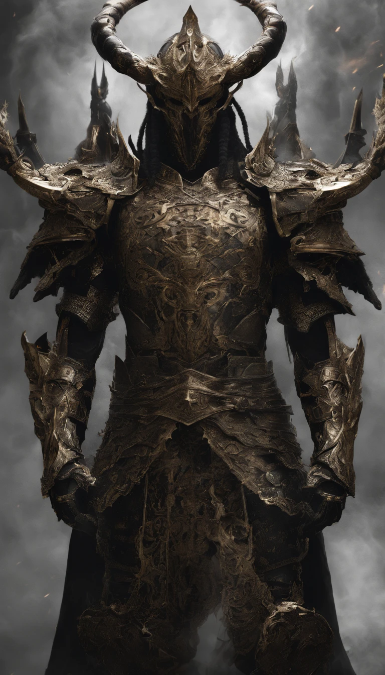 warrior, concept-art, author:Kishiganku, Fantasy art, Zen temple background, clean render, a horned, Wear a set of armor, Detailed bushido form smoke, helmet of a forgotten deity, character is standing, 8k Realistic, in game render, detailed face background detail, Art station front page, taur, Pseudo-medieval fantasy, A deity wearing koi armor, detailed bronze armor, Bronze armor, golden etched armor, gold obsidian armor, Light gold armor, Gorgeous filigree armor, A demonic warrior, Gorgeous armor full of thorns, Intricate assasin armor, Intricate metal armor, powerful warrior, Dressed in gorgeous golden armor,Decorated with intricate patterns, The helmet has a large crown and two horns, Everything is in the dark, The smoky background alludes to battle scenes, Add an ominous aura to his character,Huge demon wings of demons,submission, Full body shot.