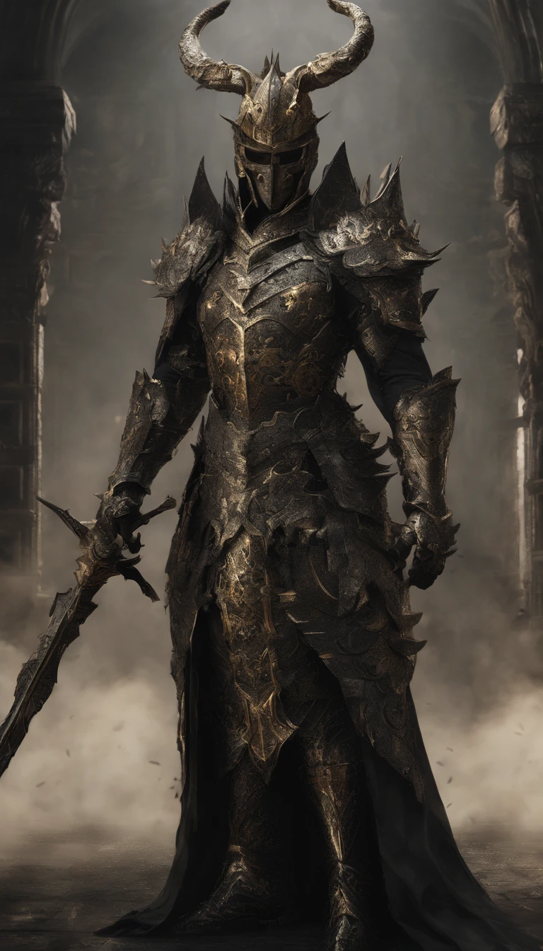 warrior, concept-art, author:Kishiganku, Fantasy art, Zen temple background, clean render, a horned, Wear a set of armor, Detailed bushido form smoke, helmet of a forgotten deity, character is standing, 8k Realistic, in game render, detailed face background detail, Art station front page, taur, Pseudo-medieval fantasy, A deity wearing koi armor, detailed bronze armor, Bronze armor, golden etched armor, gold obsidian armor, Light gold armor, Gorgeous filigree armor, A demonic warrior, Gorgeous armor full of thorns, Intricate assasin armor, Intricate metal armor, powerful warrior, Dressed in gorgeous golden armor,Decorated with intricate patterns, The helmet has a large crown and two horns, Everything is in the dark, The smoky background alludes to battle scenes, Add an ominous aura to his character,Huge demon wings of demons,submission, Full body shot.