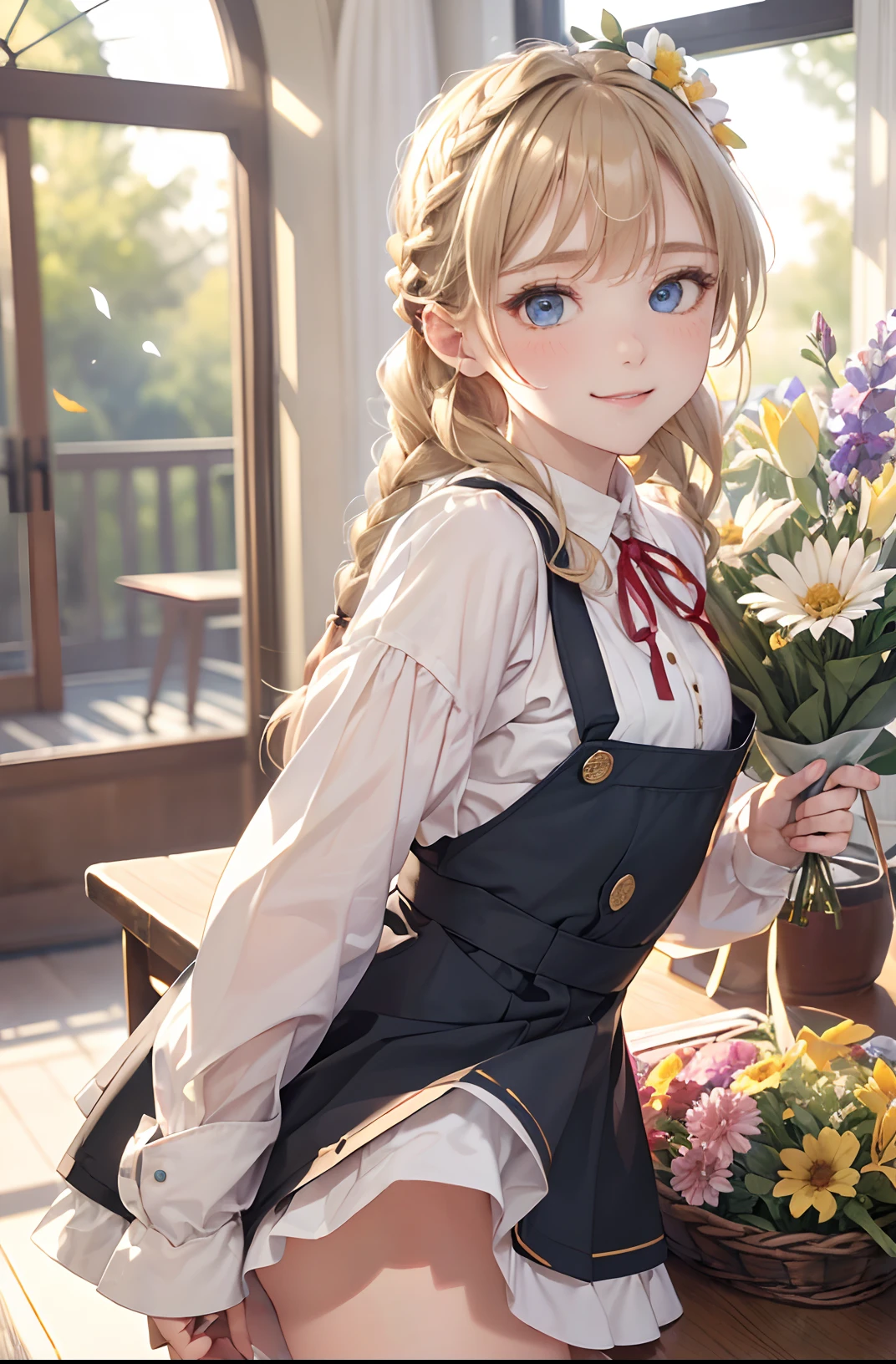 absurderes, ultra-detailliert,bright colour,(in 8K:1.3),masuter piece,extremely beautiful detailed face and eyes, 25 years old,(Smooth straight blonde hair:1.3), (Shiny hair:1.2), Delicate beautiful face, red blush、(Deep Blue Eyes:1.3),(Black pinafore dress, Neck ribbon, White blouse, 4 Gold Button, 1 girl 13 years old, From the crotch of the side focus closer to the viewer, long-sleeve、Very long hair, french braids, Straight hair, hime-cut, Closed mouth smile, Confident smile:1.2)Flower Garden, (Surrounded by colorful flowers:1.3), (at noon:1.5), flower petals