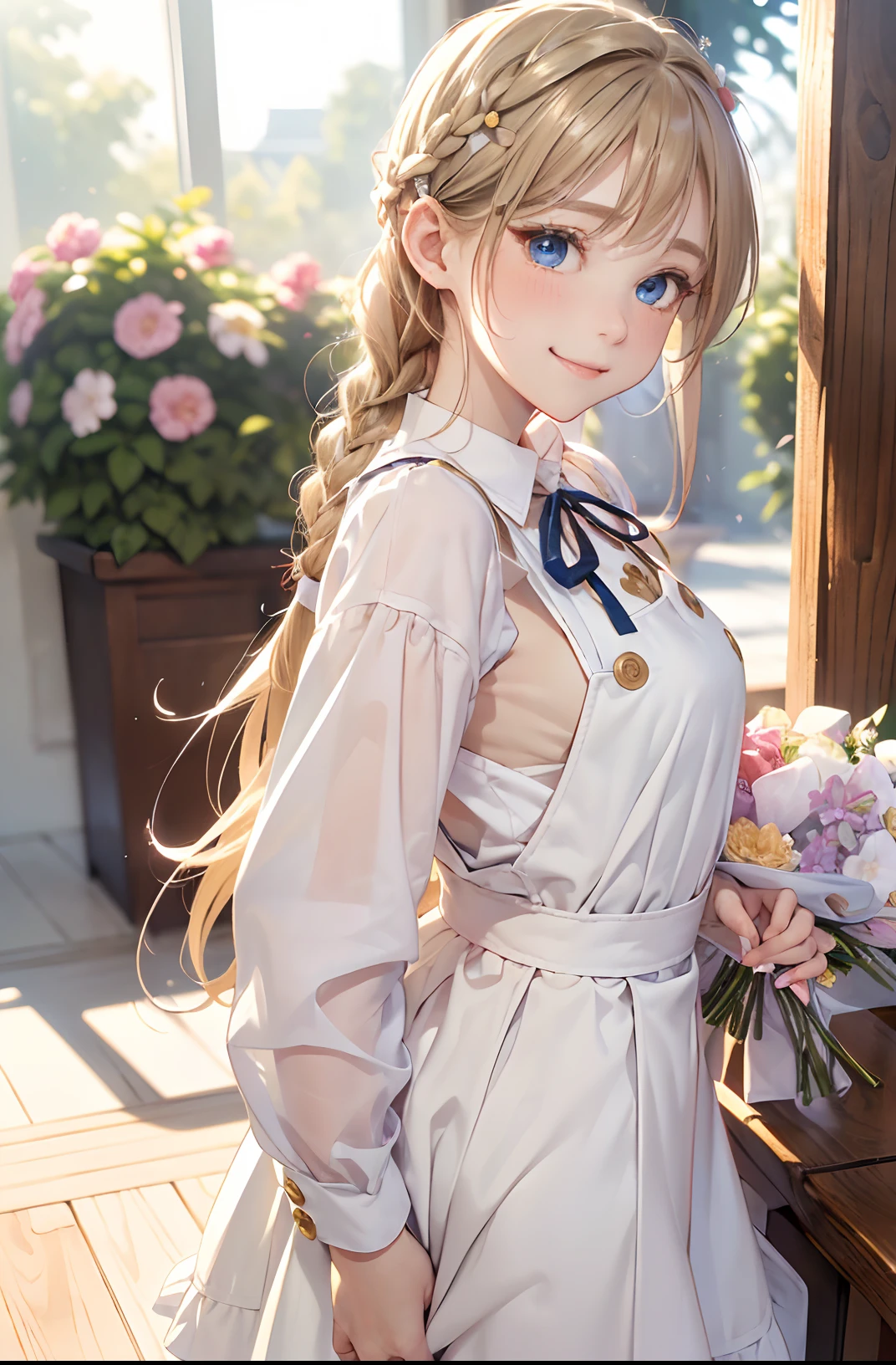 (masterpiece, highest quality, highest quality,official art),(1 girl:1.3),(attractive girl),((masterpiece, highest quality))、8K、one woman、((27 years old))、((blonde))、((shortcut))、attractive woman、blue eyes、Big eyes、sparkling eyes、Beautifully drawn eyes、bright smile、small bust、blue gothic maid、white headband、Knee to head、(tilt one's head)、flower bed full of blooming flowers、Gorgeous illustrations、aerial perspective、pure、transparent、Light、Light、Light、Light、