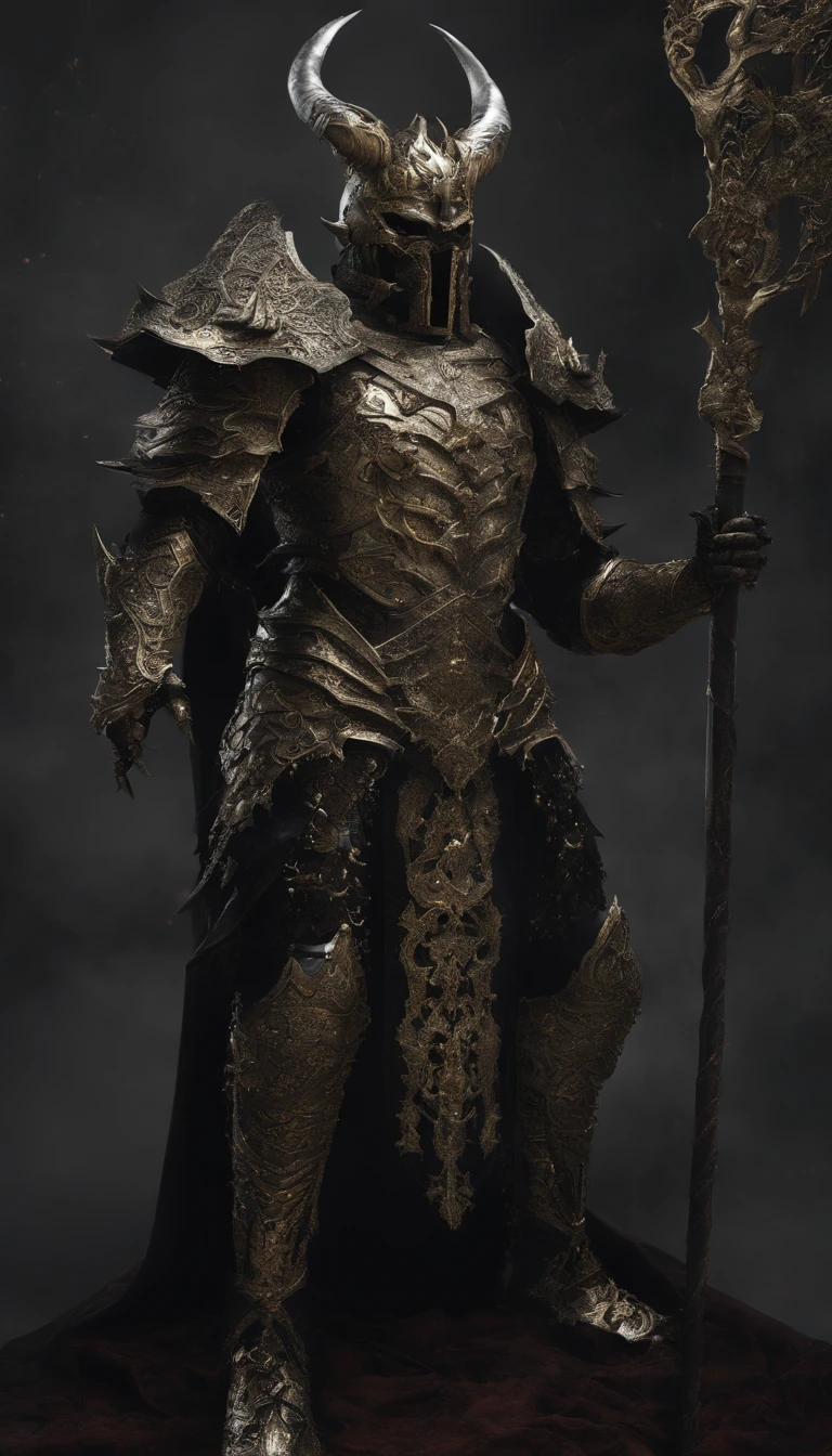 warrior, concept-art, author：Kishiganku, Fantasy art, Zen temple background, clean render, a horned, Wear a set of armor, Detailed bushido form smoke, helmet of a forgotten deity, character is standing, 8k Realistic, in game render, detailed face background detail, Art station front page, taur, Pseudo-medieval fantasy, A deity wearing koi armor, detailed bronze armor, Bronze armor, golden etched armor, gold obsidian armor, Light gold armor, Gorgeous filigree armor, A demonic warrior, Gorgeous armor full of thorns, Intricate assasin armor, Intricate metal armor, powerful warrior, Dressed in gorgeous golden armor，Decorated with intricate patterns, The helmet has a large crown and two horns, Everything is in the dark, The smoky background alludes to battle scenes, Add an ominous aura to his character，Huge demon wings of demons，submission, Full body shot.