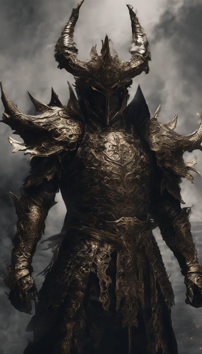 warrior, concept-art, author：Kishiganku, Fantasy art, Zen temple background, clean render, a horned, Wear a set of armor, Detailed bushido form smoke, helmet of a forgotten deity, character is standing, 8k Realistic, in game render, detailed face background detail, Art station front page, taur, Pseudo-medieval fantasy, A deity wearing koi armor, detailed bronze armor, Bronze armor, golden etched armor, gold obsidian armor, Light gold armor, Gorgeous filigree armor, A demonic warrior, Gorgeous armor full of thorns, Intricate assasin armor, Intricate metal armor, powerful warrior, Dressed in gorgeous golden armor，Decorated with intricate patterns, The helmet has a large crown and two horns, Everything is in the dark, The smoky background alludes to battle scenes, Add an ominous aura to his character，Huge demon wings of demons，submission, Full body shot.