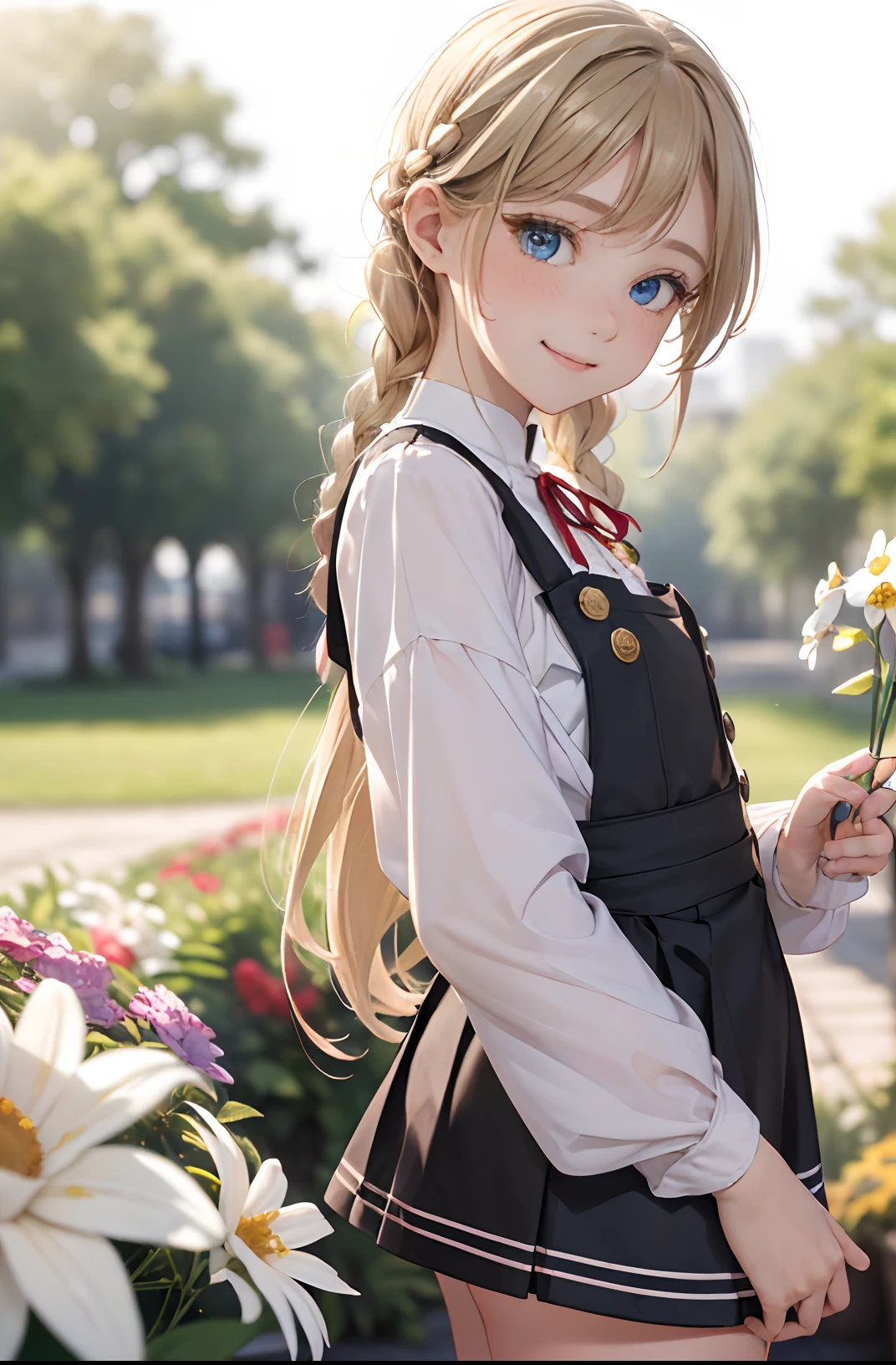 absurderes, ultra-detailliert,bright colour,(in 8K:1.3),masuter piece,extremely beautiful detailed face and eyes, 25 years old,(Smooth straight blonde hair:1.3), (Shiny hair:1.2), Delicate beautiful face, red blush、(Deep Blue Eyes:1.3),(Black pinafore dress, Neck ribbon, White blouse, 4 Gold Button, 1 girl 13 years old, From the crotch of the side focus closer to the viewer, long-sleeve、Very long hair, french braids, Straight hair, hime-cut, Closed mouth smile, Confident smile:1.2)Flower Garden, (Surrounded by colorful flowers:1.3), (at noon:1.5), flower petals
