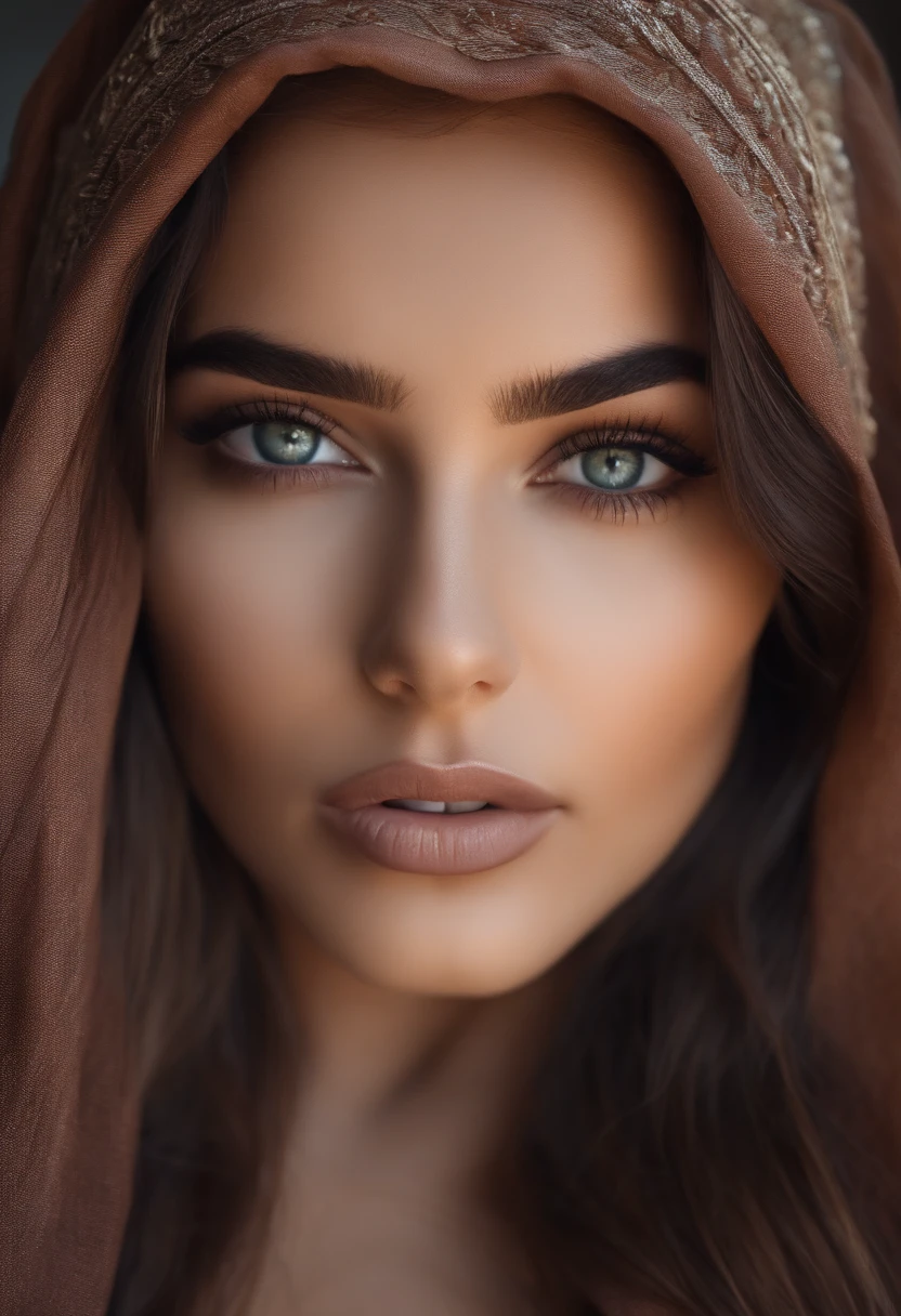 Arafed woman completely , fille sexy aux yeux bruns, ultra realist, Meticulously detailed, Portrait Sophie Mudd, cheveux bruns et grands yeux, selfie of a young woman, Dubai Eyes, Violet Myers, sans maquillage, maquillage naturel, looking straight at camera, Visage avec Artgram, Maquillage subtil, Great photo of the whole body kneeling on the bed, dans la chambre, Medium to large bust