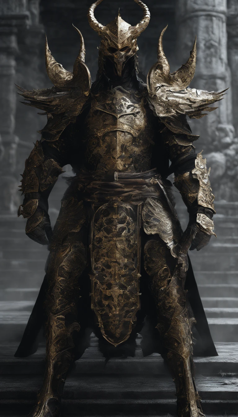 warrior, concept-art, author:Kishiganku, Fantasy art, Zen temple background, clean render, a horned, Wear a set of armor, Detailed bushido form smoke, helmet of a forgotten deity, character is standing, 8k Realistic, in game render, detailed face background detail, Art station front page, taur, Pseudo-medieval fantasy, A deity wearing koi armor, detailed bronze armor, Bronze armor, golden etched armor, gold obsidian armor, Light gold armor, Gorgeous filigree armor, A demonic warrior, Gorgeous armor full of thorns, Intricate assasin armor, Intricate metal armor, powerful warrior, Dressed in gorgeous golden armor,Decorated with intricate patterns, The helmet has a large crown and two horns, Everything is in the dark, The smoky background alludes to battle scenes, Add an ominous aura to his character,Huge demon wings of demons,submission, Full body shot.