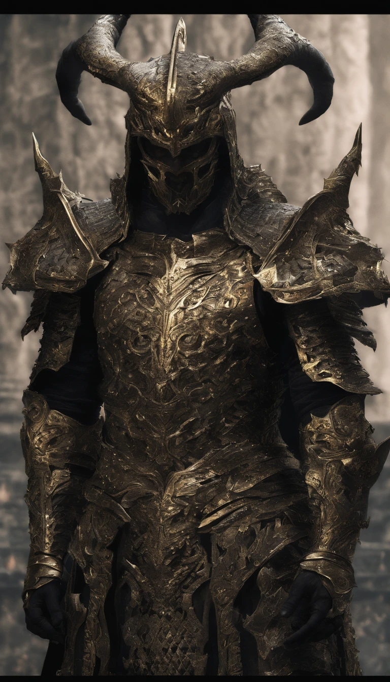 warrior, concept-art, author:Kishiganku, Fantasy art, Zen temple background, clean render, a horned, Wear a set of armor, Detailed bushido form smoke, helmet of a forgotten deity, character is standing, 8k Realistic, in game render, detailed face background detail, Art station front page, taur, Pseudo-medieval fantasy, A deity wearing koi armor, detailed bronze armor, Bronze armor, golden etched armor, gold obsidian armor, Light gold armor, Gorgeous filigree armor, A demonic warrior, Gorgeous armor full of thorns, Intricate assasin armor, Intricate metal armor, powerful warrior, Dressed in gorgeous golden armor,Decorated with intricate patterns, The helmet has a large crown and two horns, Everything is in the dark, The smoky background alludes to battle scenes, Add an ominous aura to his character,Huge demon wings of demons,submission, Full body shot.