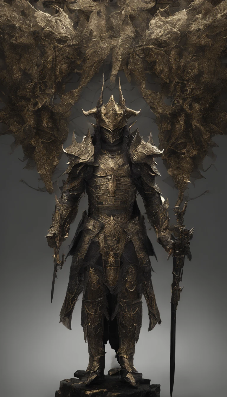 warrior, concept-art, author:Kishiganku, Fantasy art, Zen temple background, clean render, a horned, Wear a set of armor, Detailed bushido form smoke, helmet of a forgotten deity, character is standing, 8k Realistic, in game render, detailed face background detail, Art station front page, taur, Pseudo-medieval fantasy, A deity wearing koi armor, detailed bronze armor, Bronze armor, golden etched armor, gold obsidian armor, Light gold armor, Gorgeous filigree armor, A demonic warrior, Gorgeous armor full of thorns, Intricate assasin armor, Intricate metal armor, powerful warrior, Dressed in gorgeous golden armor,Decorated with intricate patterns, The helmet has a large crown and two horns, Everything is in the dark, The smoky background alludes to battle scenes, Add an ominous aura to his character,Huge demon wings of demons,submission, Full body shot.