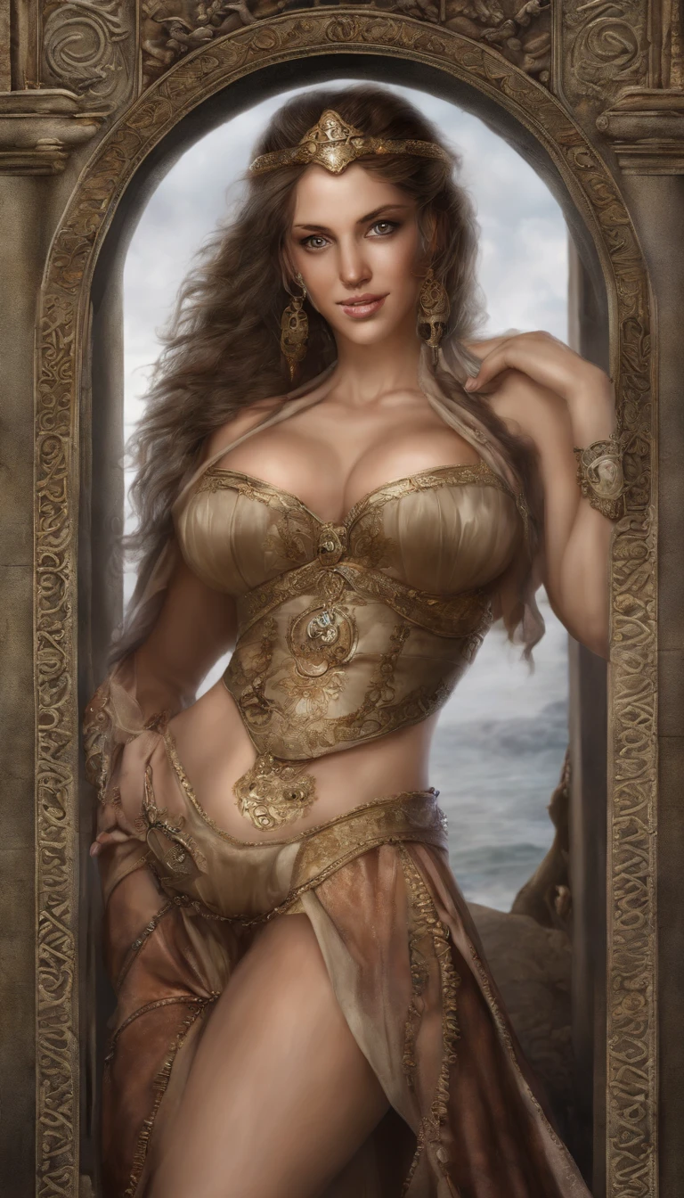 (best quality, 8k, obra-prima: 1.3), Deusas gregas loiras, Roupas gregas, middle ages, middlebreasts, quadris grandes, cintura estreita, Beautiful, Glamouroso, Wohlgeformt, Curvaceous, pernas longas, HIGH LEVEL OF DETAIL, alta nitidez, Fotos com profundidade, Rosto detalhado, Olhos detalhados, cabelos curtos, large office, sorriso encantador, no antigo Coliseu Romano, epic, Mito, Drama, Colar Joias, Armbandschmuck, Blusa fechada, big background, large breasts