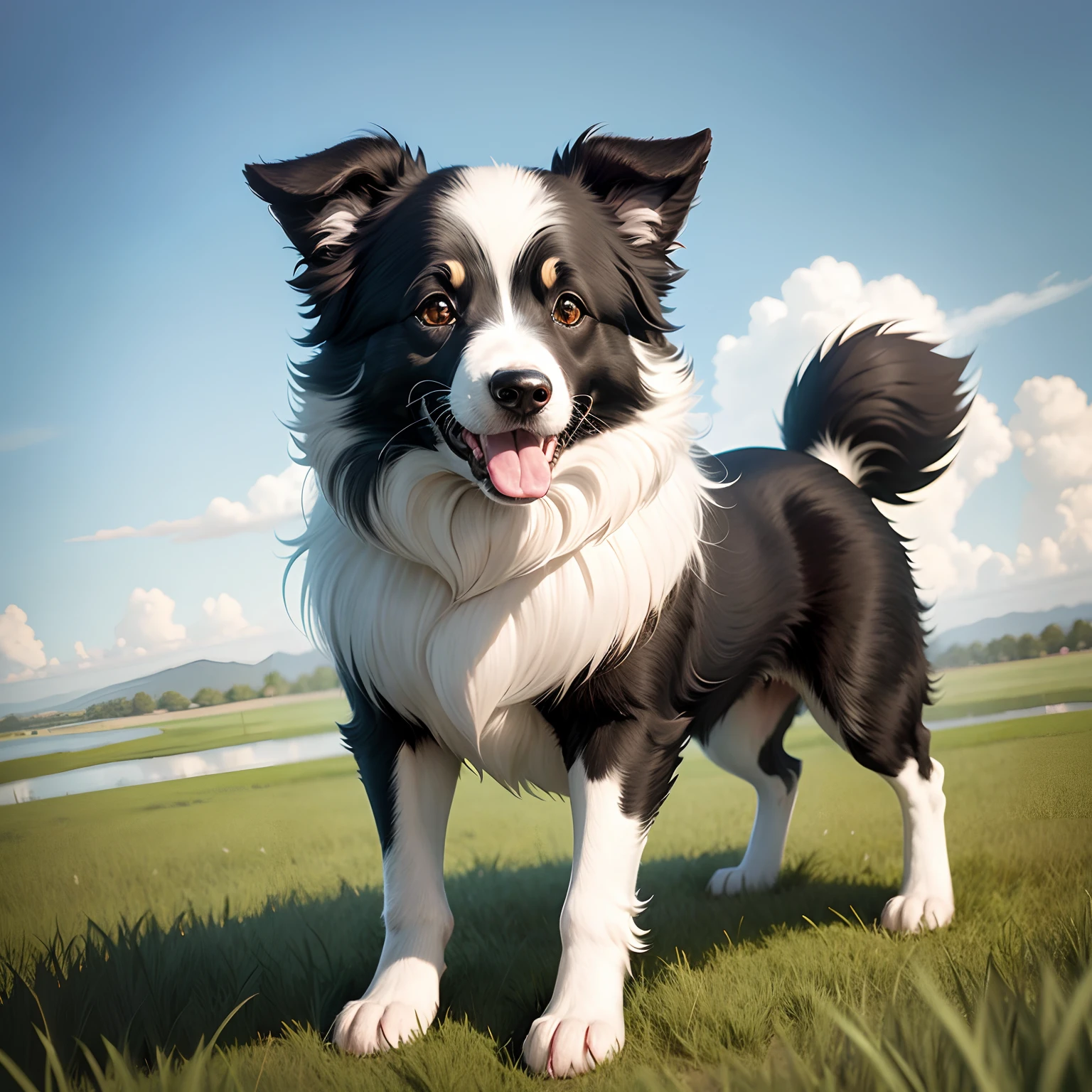 Black and white border collie　The best smile　top-quality　high-level image quality　animesque　cartoon　single body　grass field