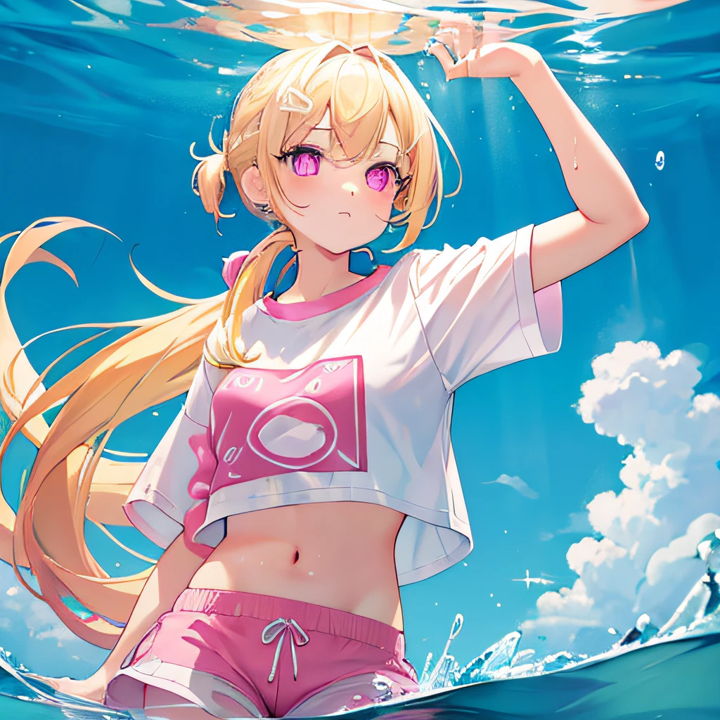 Light yellow hair，Double ponytail hairstyle，Pink eyes，Pink pupils，teens girl，white short sleeve，Short shorts，Crop topping， Under water，water background，