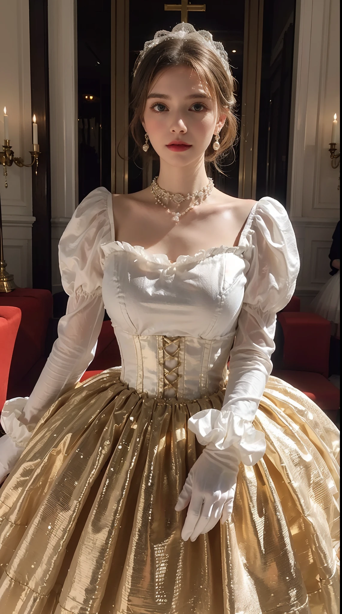 The blonde fairy princess with amazing beauty shines with royal pomp and magnificence, Dress modestly,Catholic church,chies,fully body photo, (((elaborate))) Royal Cinderella silver white brocade wedding dress, Gold dress,with (((enormous puffed sleeves))) Hard bone, Padded and gold-tone corset, Golden hourglass waist, A (((Huge Crinoline hoop skirt))) and (((bustle))), Decorate with ribbons, the bow, rosette, Lace, Ruffles, frilld, Embroidery, and jewels, Carefully curly and styled hair, white long gloves, Pearl and diamond necklaces and earrings,wide wide shot