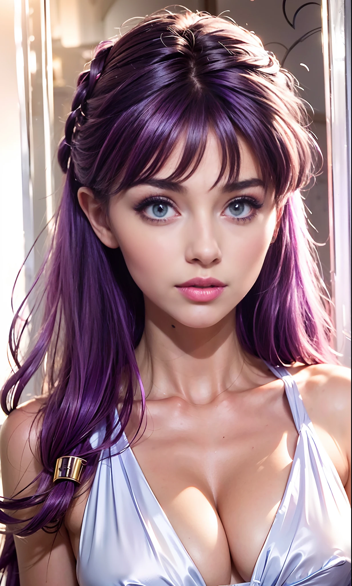 ((best image quality, 8k, tmasterpiece:1.3)), 1 strap, Beautiful woman with slim abs:1.3, (purple hair, casual hairstyle, Huge ceiling:1.2), turn dresses:1.1, ultra-thin face, detailed eyes , Double eyelid, Smile, Bedrooms, study room