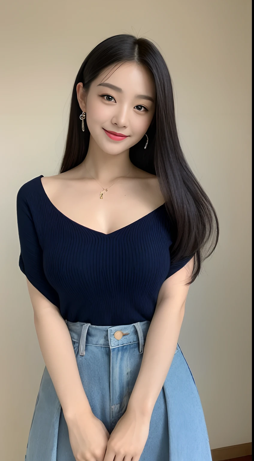 ((Top  Quality, 8K, ​masterpiece: 1.3)), 1woman, Korean female idols:1.5, Slender abs beauty: 1.3, (Hairstyle casual, large full breasts: 1.3), The dress: 1.1, Ultra-fine face, A detailed eye, Double eyelidd, Sorrisos, groove, Photo of two arms