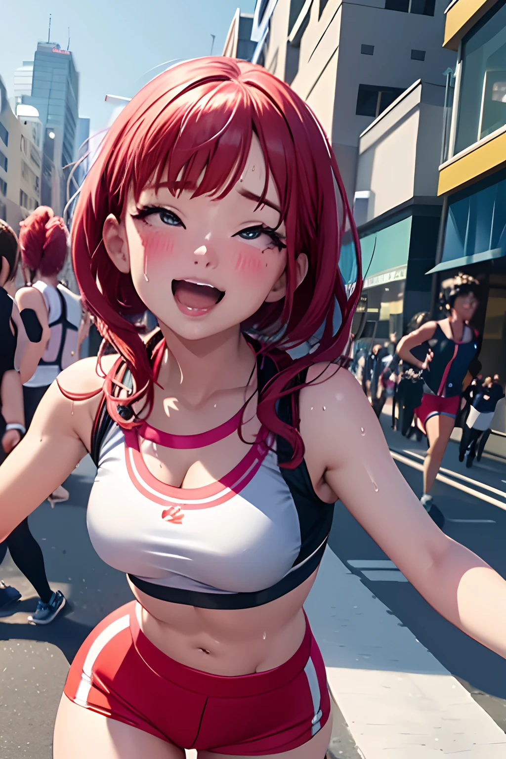 Imagine a vibrant scene where a cheerful anime girl goes out into the city on a cheerful jog, Wearing stylish sports bra and red bloomers. Creative lighting style enhances the dynamic atmosphere, When she moves with determination、Give her a seductive glow. Be extremely careful、Rendered in amazing 10k high resolution, This artwork is、Seamlessly blends the art media of digital painting, mocap, and street photography. Get inspired by anime style, Realism, and Urban Contemporary, Face that is、It depicts the liveliness and confidence of an anime girl who embraces a fitness journey on a busy street, Sense and youth々adding a touch of allure.、Clenching teeth、full of sweat、(red blush:1.3)、Full body like、thigh-high socks