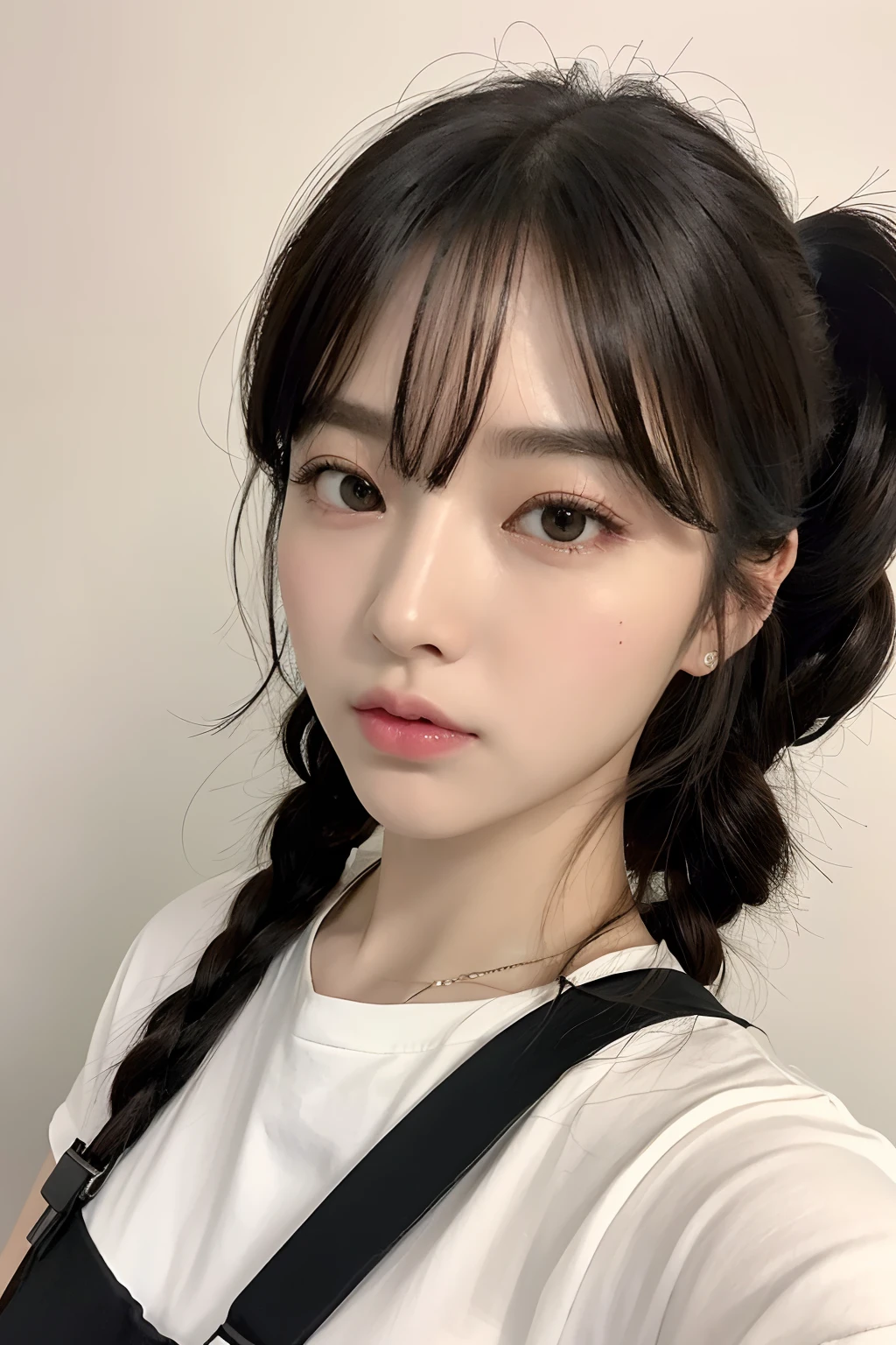 ((Best quality, 8k, Masterpiece :1.3)), 1 adorable girl with full body, youthful, delightful cute face, black hair, hair tied, oversized boyish outfit, aesthetic selfie, ultra-detailed face, extremely perfection, detailed eyes, double eyelid, big doe-eyed, straight nose, long eyelashes, detailed eyelashes, v-shape face, random pose, aesthetic pose, (random aesthetic background)