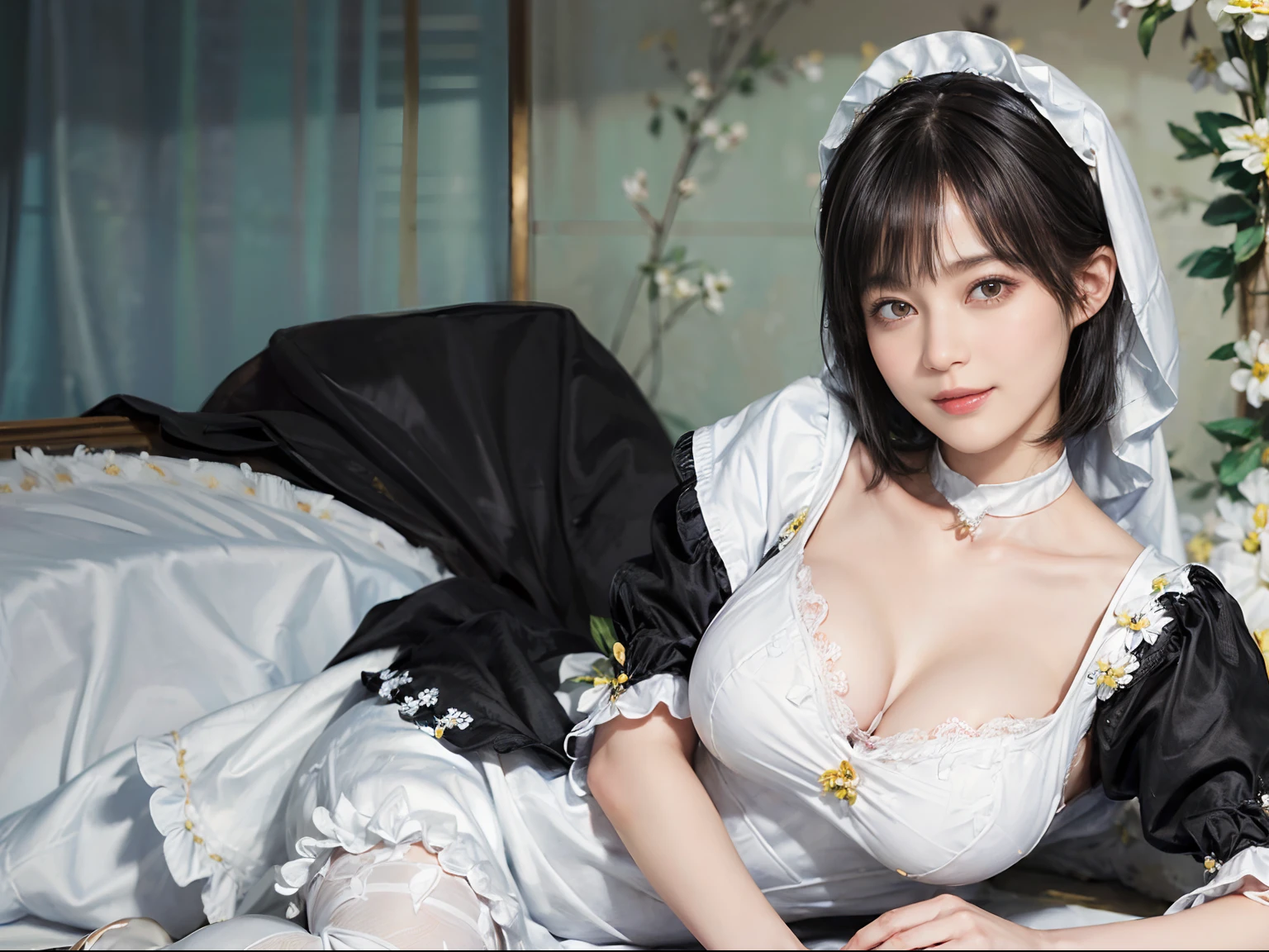03
(Black Shorthair:1.3), (a 20 yo woman), (A hyper-realistic), (Masterpiece), (8KUHD), Beautiful woman, a smile, (Wearing a white maid outfit:1.3), (Maid clothes with floral patterns:1.2)