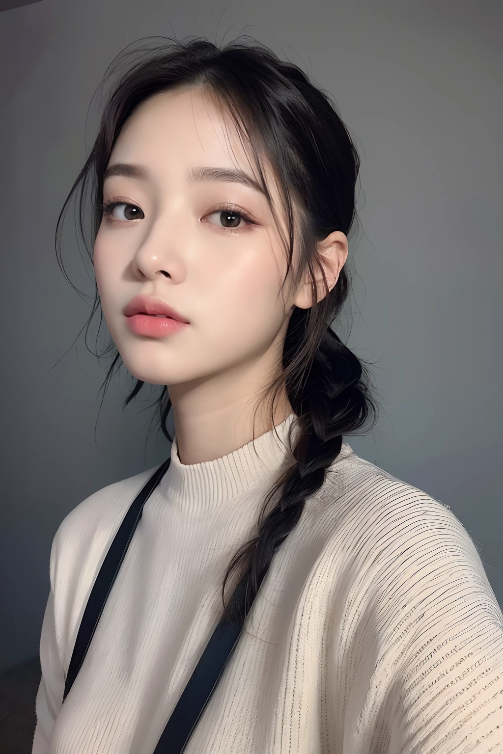 ((Best quality, 8k, Masterpiece :1.3)), 1 adorable girl with full body, youthful, delightful cute face, black hair, hair tied, oversized boyish outfit, aesthetic selfie, ultra-detailed face, extremely perfection, detailed eyes, double eyelid, big doe-eyed, straight nose, long eyelashes, detailed eyelashes, v-shape face, random pose, aesthetic pose, (random aesthetic background)