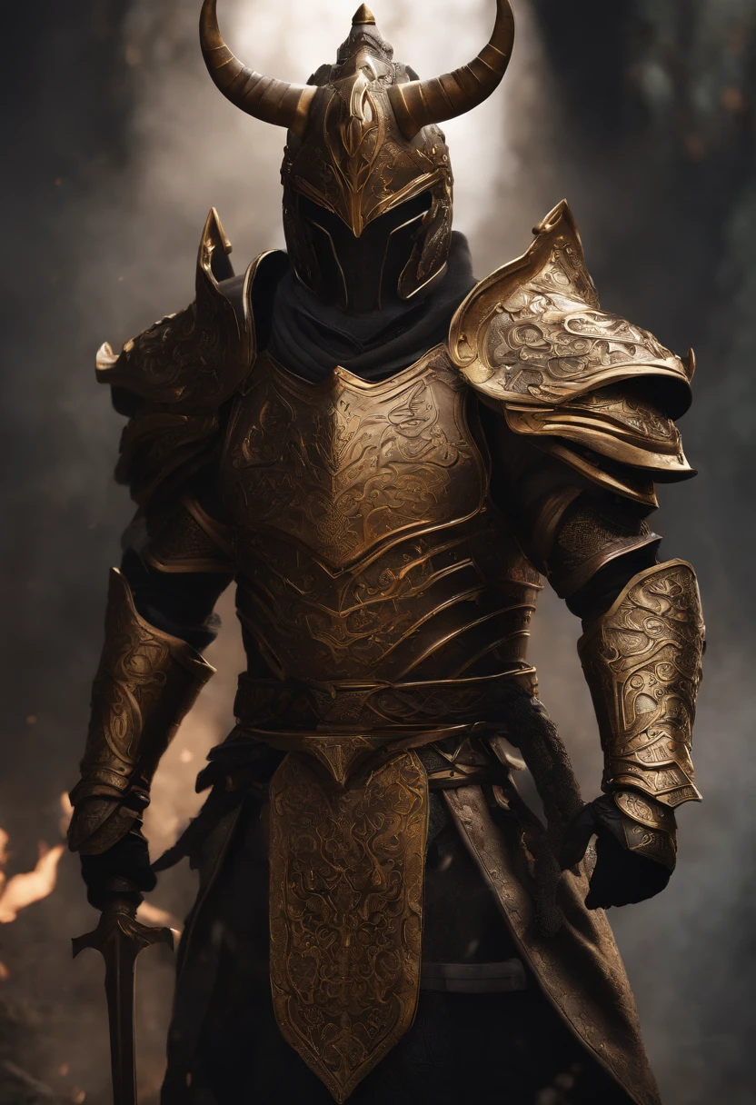 warrior, concept-art, author：Kishiganku, Fantasy art, Zen temple background, clean render, a horned, Wear a set of armor, Detailed bushido form smoke, helmet of a forgotten deity, character is standing, 8k Realistic, in game render, detailed face background detail, Art station front page, taur, Pseudo-medieval fantasy, A deity wearing koi armor, detailed bronze armor, Bronze armor, golden etched armor, gold obsidian armor, Light gold armor, Gorgeous filigree armor, A demonic warrior, Gorgeous armor full of thorns, Intricate assasin armor, Intricate metal armor, powerful warrior, Dressed in gorgeous golden armor，Decorated with intricate patterns, The helmet has a large crown and two horns, Everything is in the dark, The smoky background alludes to battle scenes, Add an ominous aura to his character，Huge demon wings of demons，submission, Full body shot.