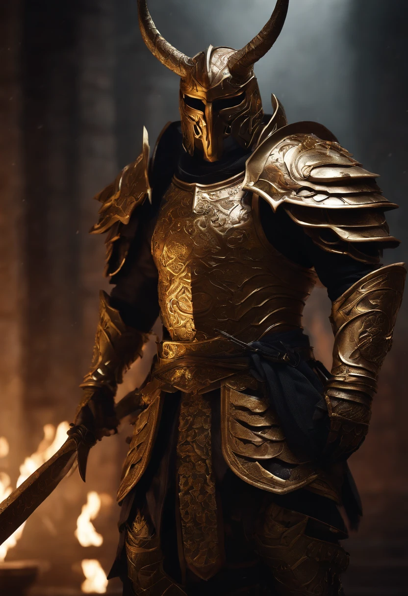 warrior, concept-art, author:Kishiganku, Fantasy art, Zen temple background, clean render, a horned, Wear a set of armor, Detailed bushido form smoke, helmet of a forgotten deity, character is standing, 8k Realistic, in game render, detailed face background detail, Art station front page, taur, Pseudo-medieval fantasy, A deity wearing koi armor, detailed bronze armor, Bronze armor, golden etched armor, gold obsidian armor, Light gold armor, Gorgeous filigree armor, A demonic warrior, Gorgeous armor full of thorns, Intricate assasin armor, Intricate metal armor, powerful warrior, Dressed in gorgeous golden armor,Decorated with intricate patterns, The helmet has a large crown and two horns, Everything is in the dark, The smoky background alludes to battle scenes, Add an ominous aura to his character,Huge demon wings of demons,submission, Full body shot.